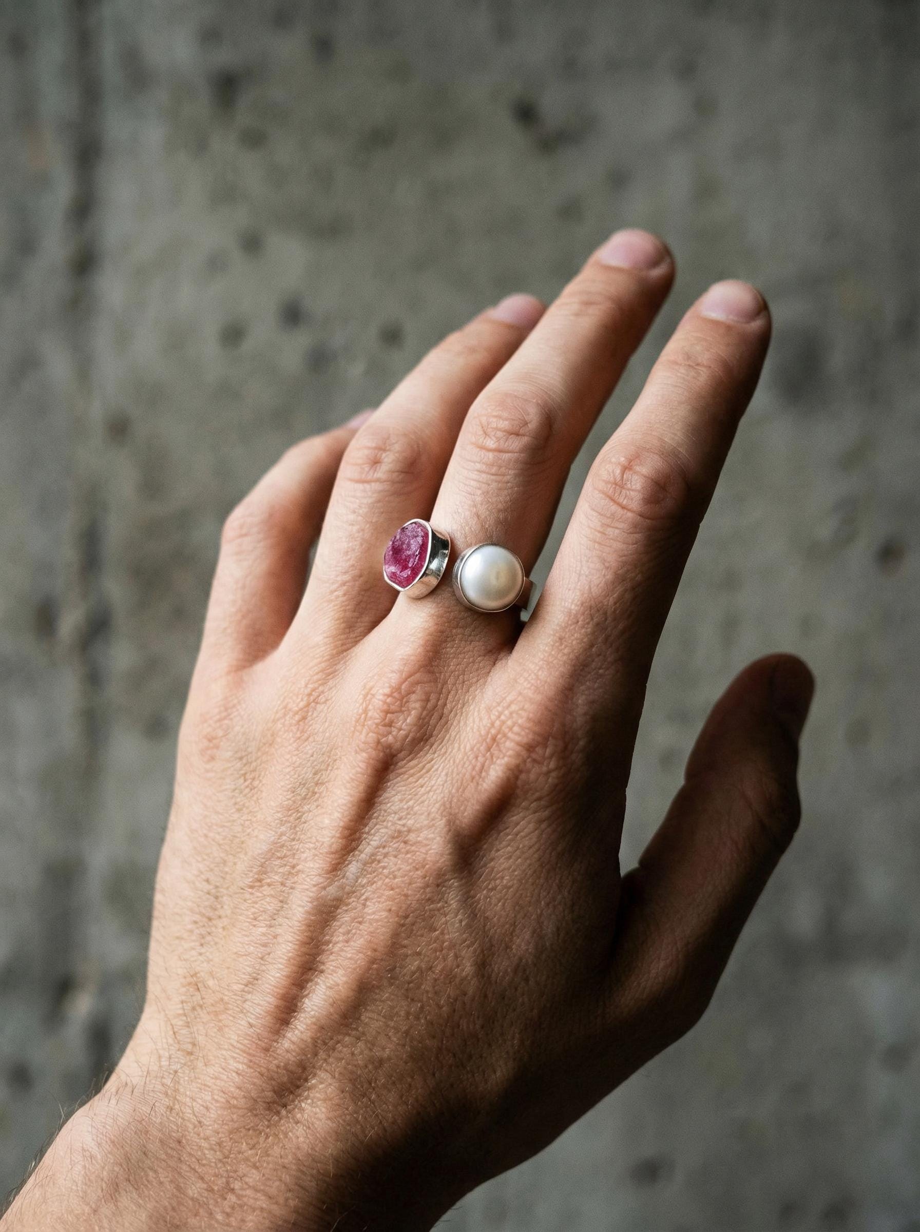 Ruby South Sea Pearl Ring 925 Sterling Silver Adjustable Hammered Band Heart Root Chakra July Birthstone Gift