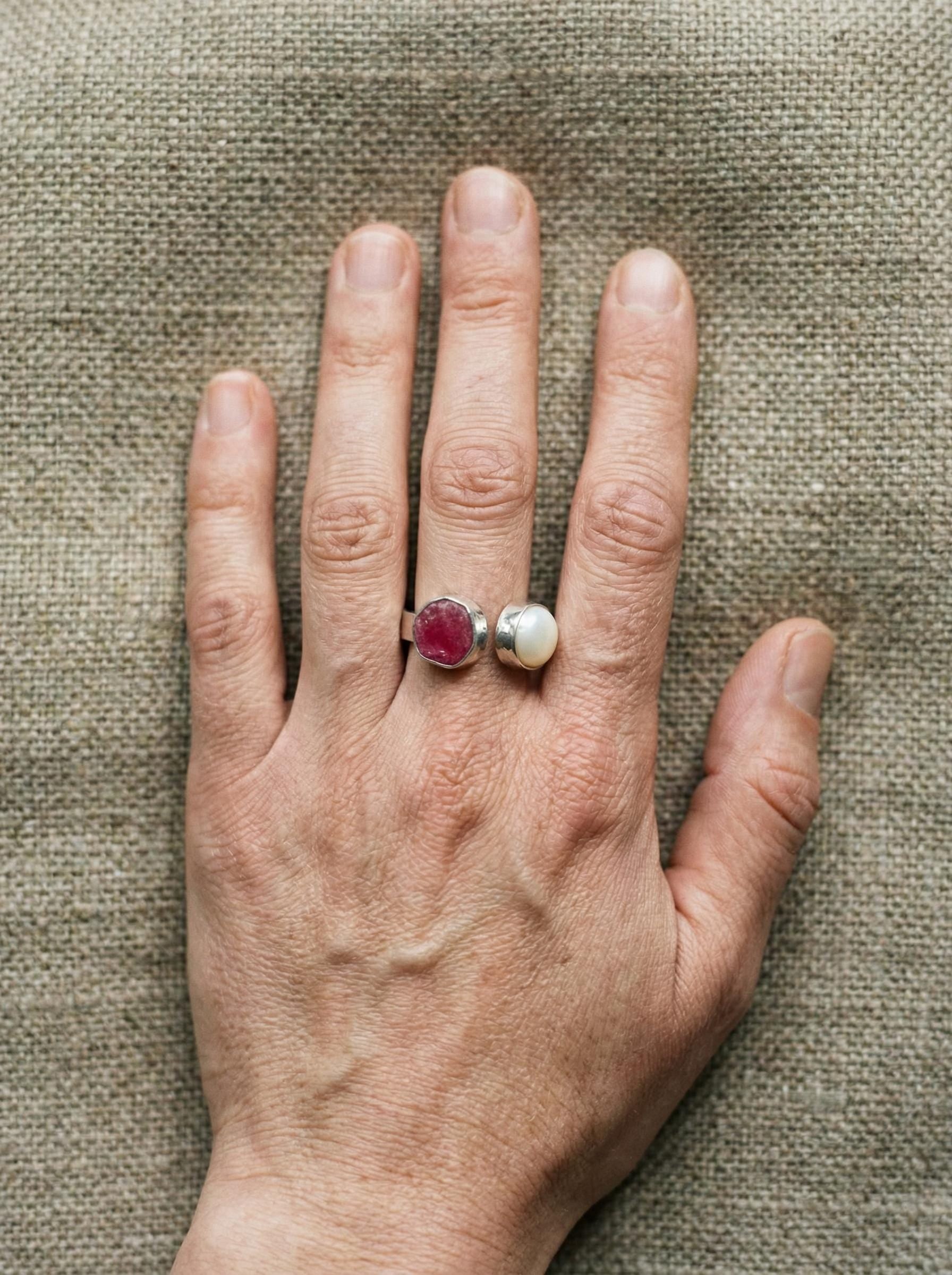 Ruby South Sea Pearl Ring 925 Silver Adjustable Open Dual Stone Statement Jewelry