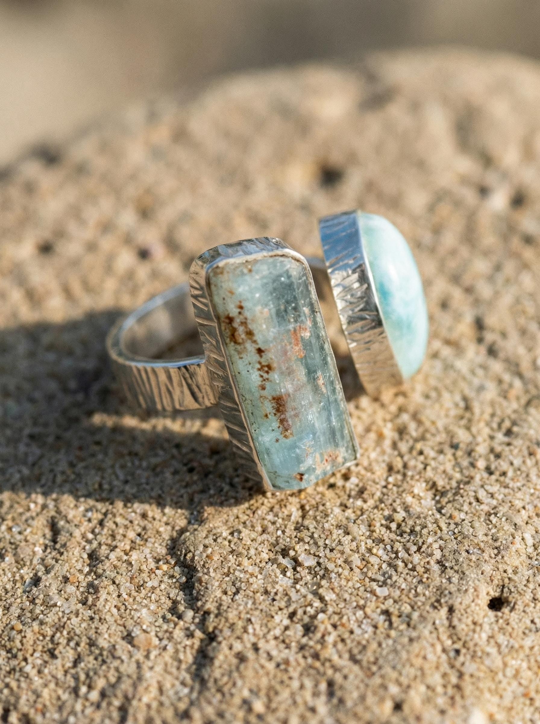 Handmade Aquamarine Larimar Ring, Adjustable Sterling Silver Band