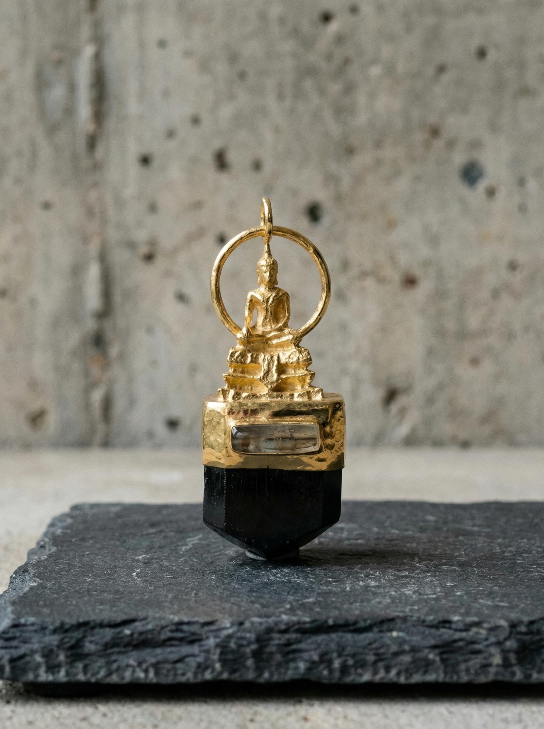 Buddha Meditation Pendant Black Tourmaline Smoky Quartz 925 Silver Gold Brass Root Chakra Talisman Gift