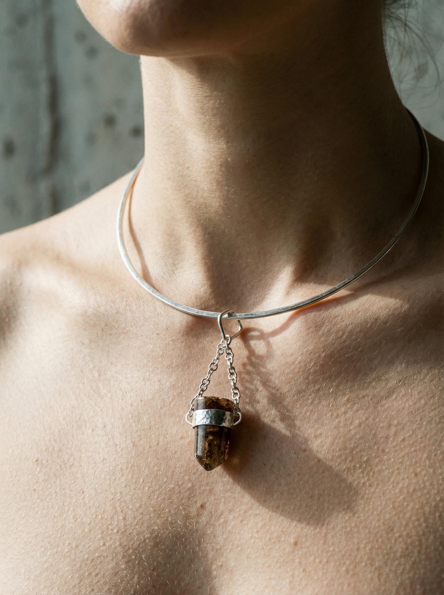 Earthen Bullet Brown Tourmaline - Sterling Silver Crystal Pendant - Hammered Textured & High Polish Finish