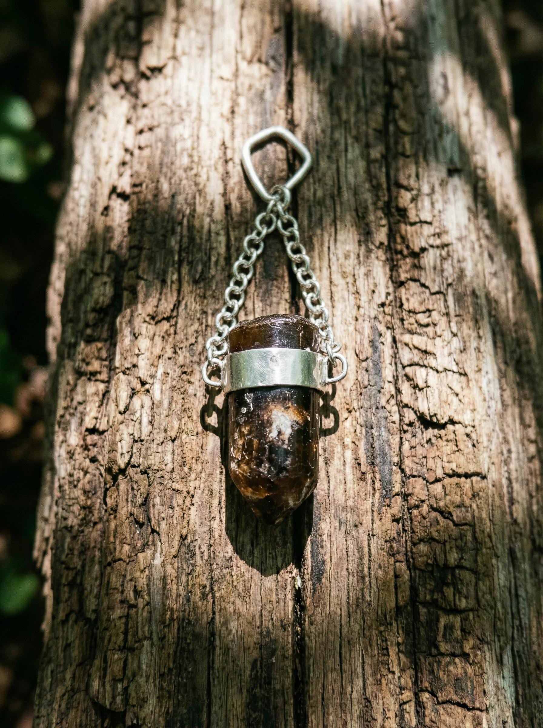 Earthen Bullet Brown Tourmaline - Sterling Silver Crystal Pendant - Hammered Textured & High Polish Finish