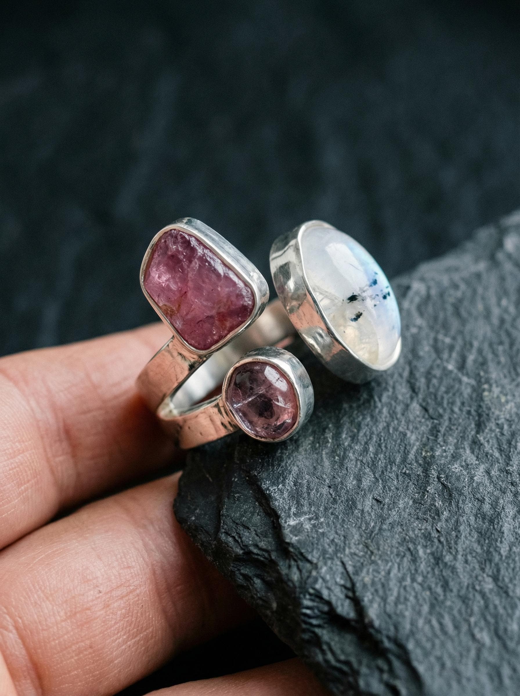 Blue Moonstone Ruby Amethyst Ring 925 Sterling Silver Adjustable Band Heart Third Eye Crown Chakra Gift