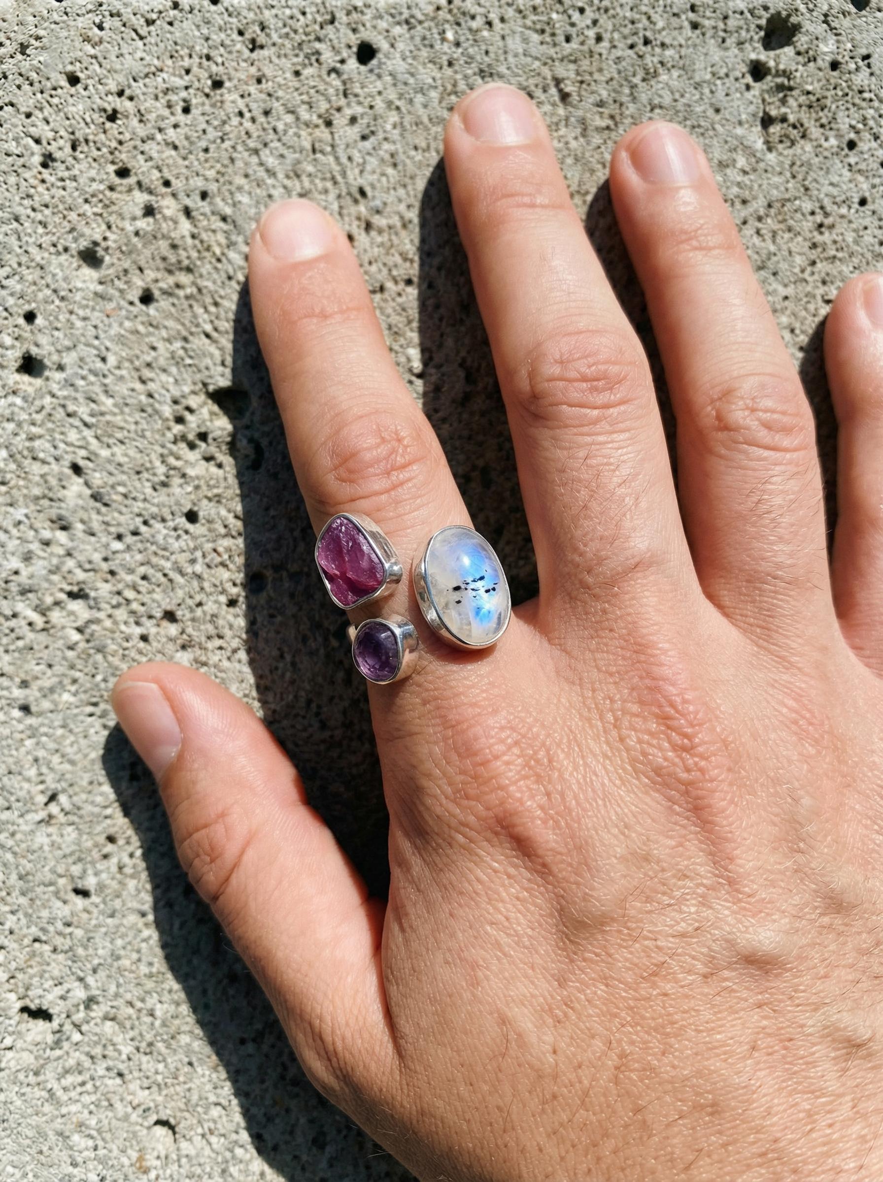 Blue Moonstone Ruby Amethyst Ring 925 Sterling Silver Adjustable Band Heart Third Eye Crown Chakra Gift