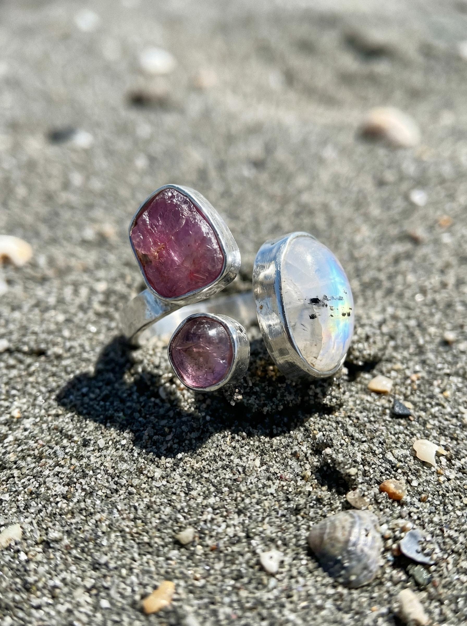 Blue Moonstone Ruby Amethyst Ring 925 Sterling Silver Adjustable Band Heart Third Eye Crown Chakra Gift