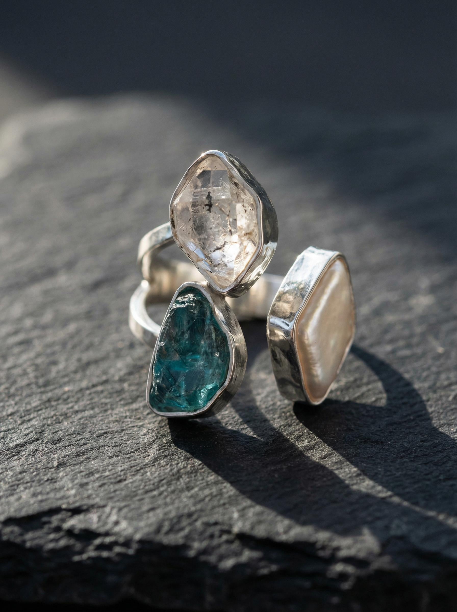 Herkimer Diamond Pearl Blue Apatite Ring 925 Sterling Silver Adjustable Throat Crown Chakra Crystal Gift