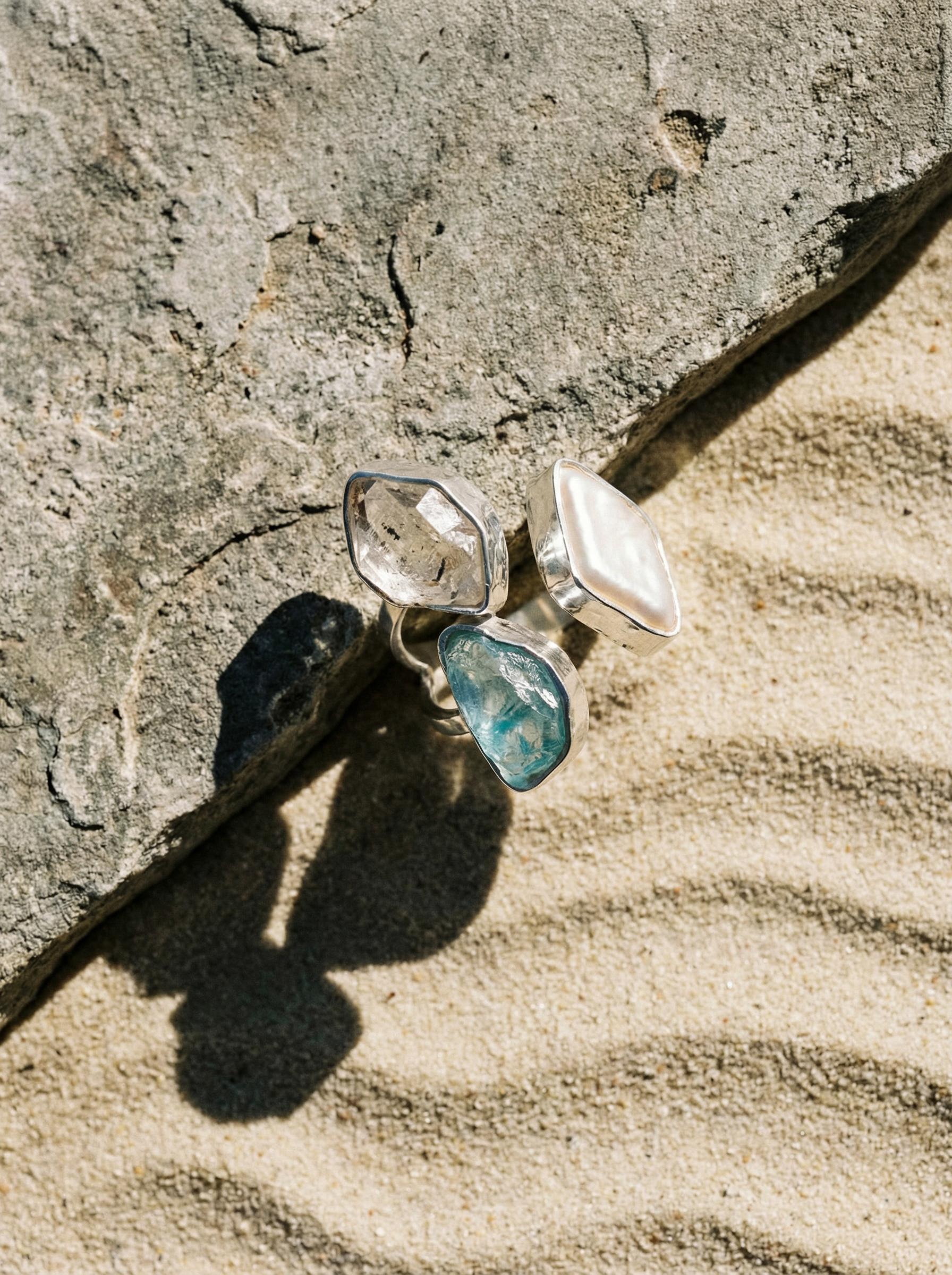 Herkimer Diamond Pearl Blue Apatite Ring 925 Sterling Silver Adjustable Throat Crown Chakra Crystal Gift