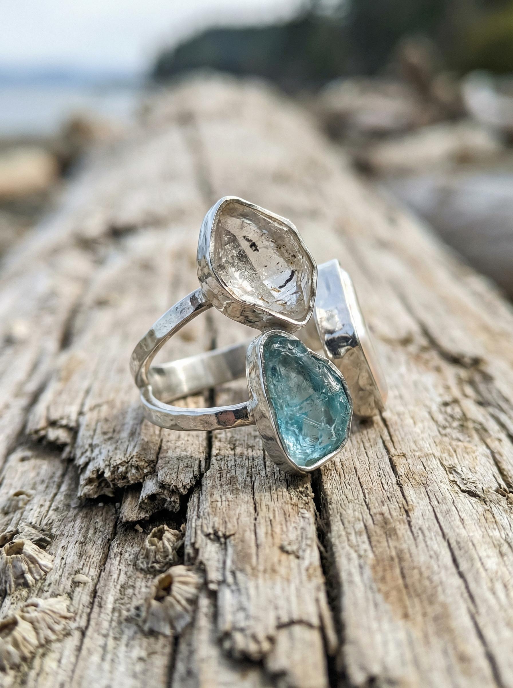 Herkimer Diamond Pearl Blue Apatite Ring 925 Sterling Silver Adjustable Throat Crown Chakra Crystal Gift