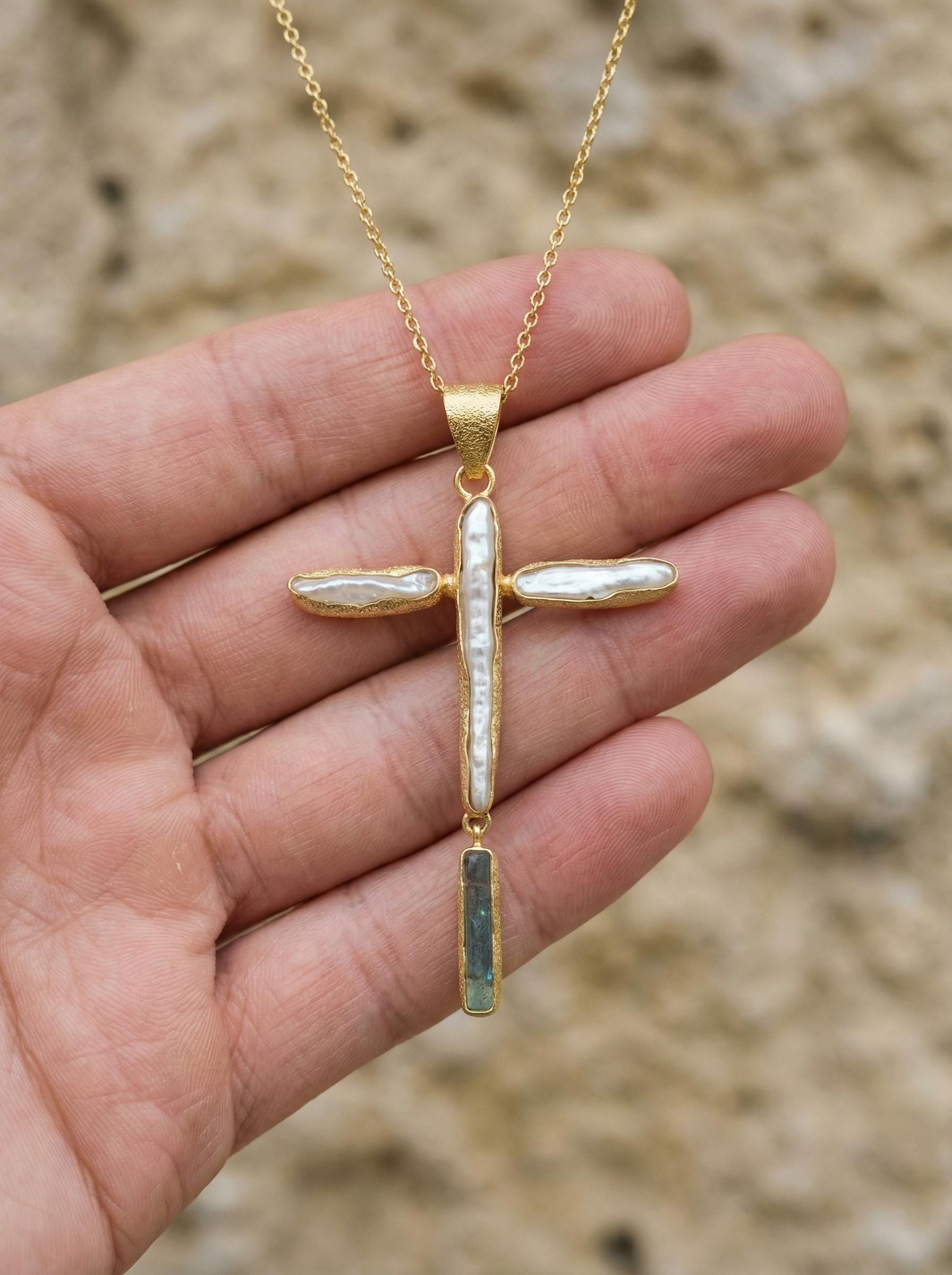 Raw Aquamarine Pearl Cross Pendant, 18k Gold Plated Silver