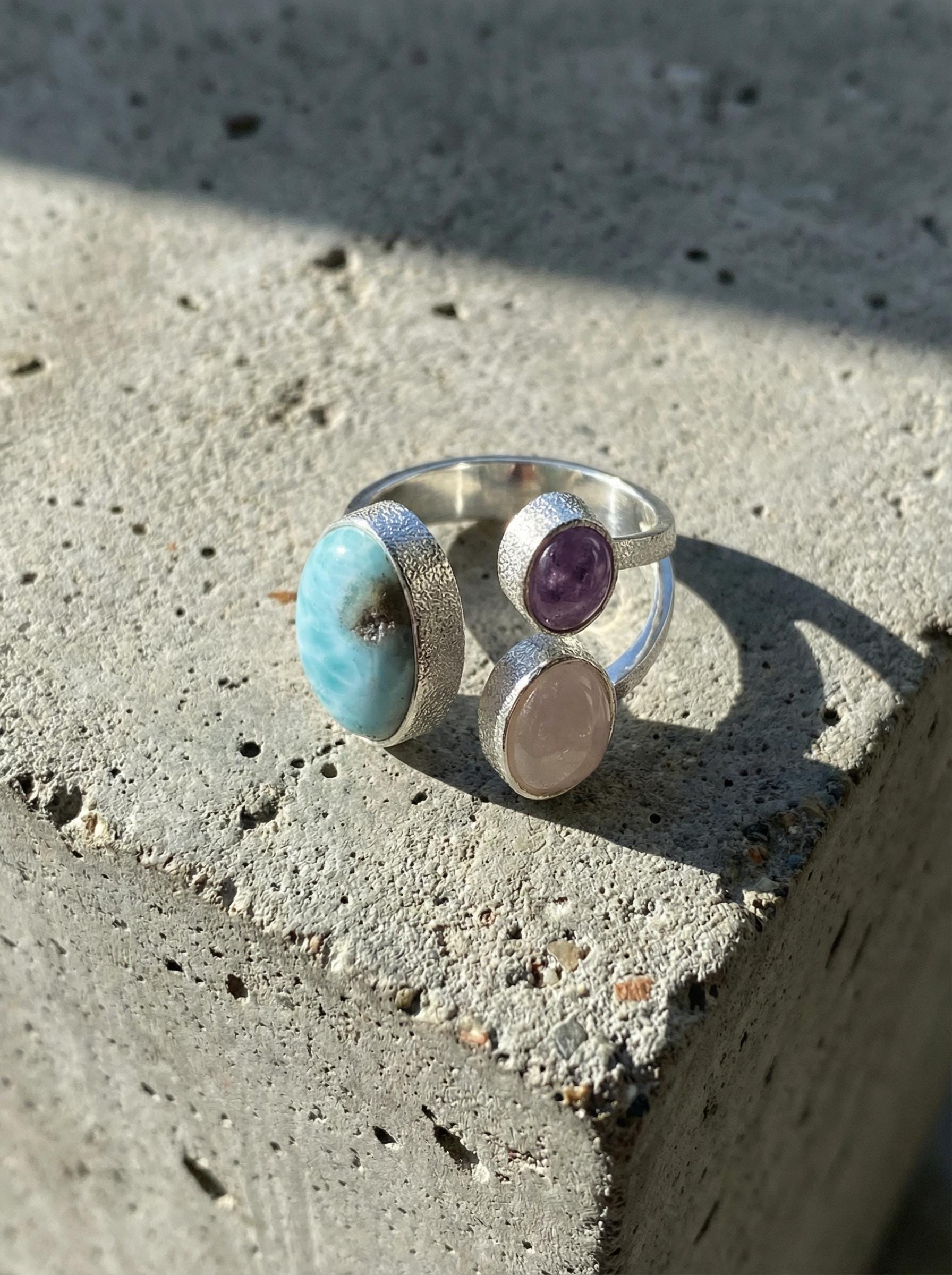 Larimar Amethyst Rose Quartz Ring 925 Sterling Silver Adjustable Ocean Heart Chakra Throat Crown Crystal Gift