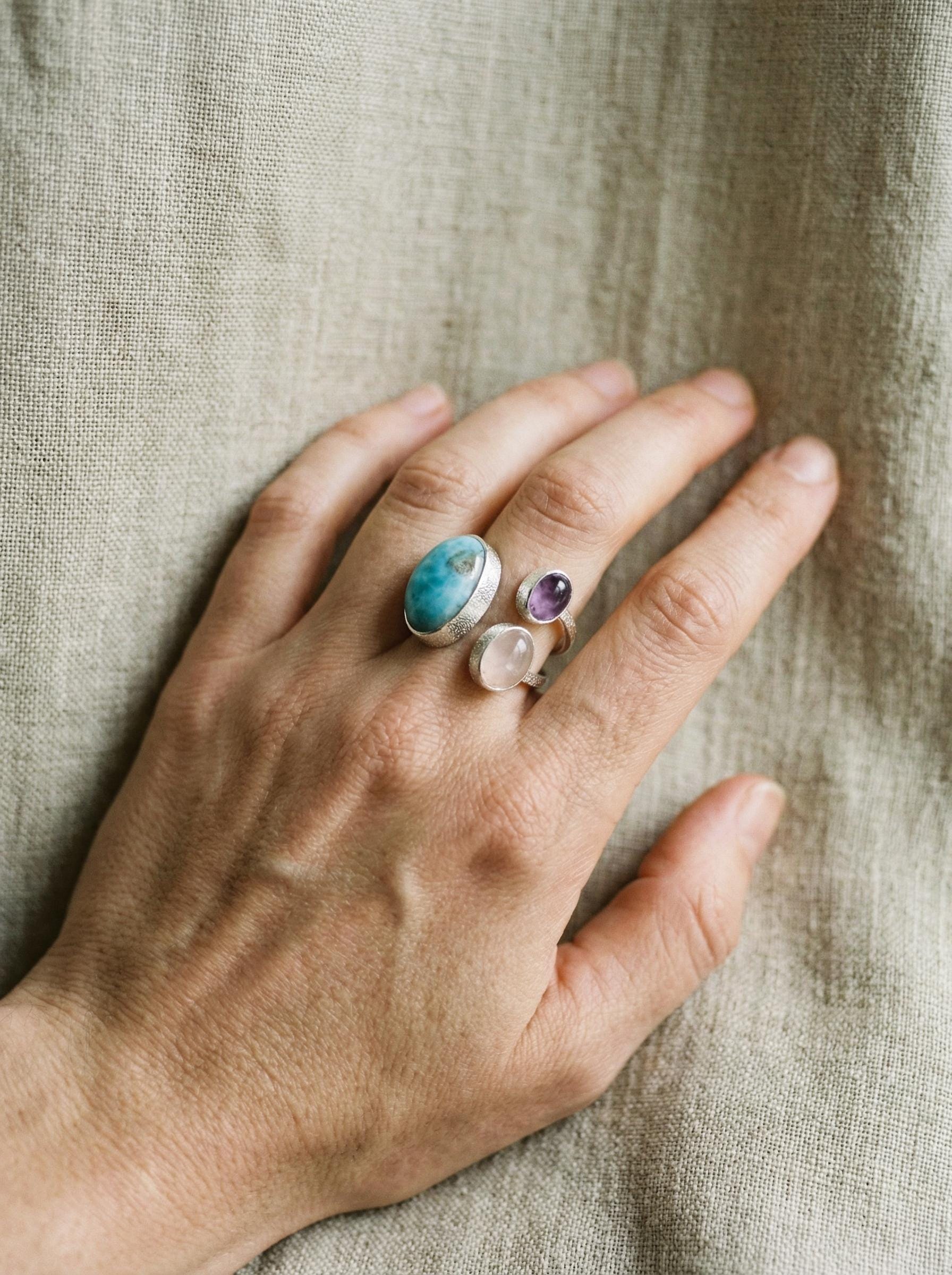 Larimar Amethyst Rose Quartz Ring 925 Sterling Silver Adjustable Ocean Heart Chakra Throat Crown Crystal Gift