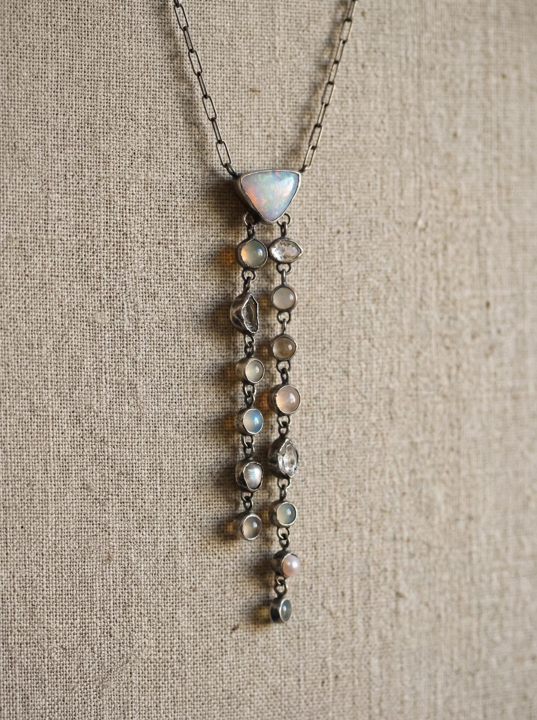 Multi-Crystal Sterling Silver Pendant: Opal, Rose Quartz, Aquamarine Necklace