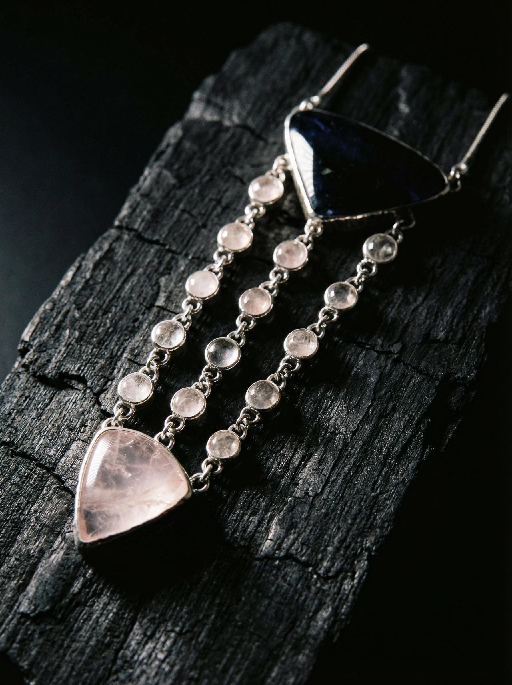 Tanzanite Rose Quartz Sterling Silver Pendant: Cascading Gemstone Necklace