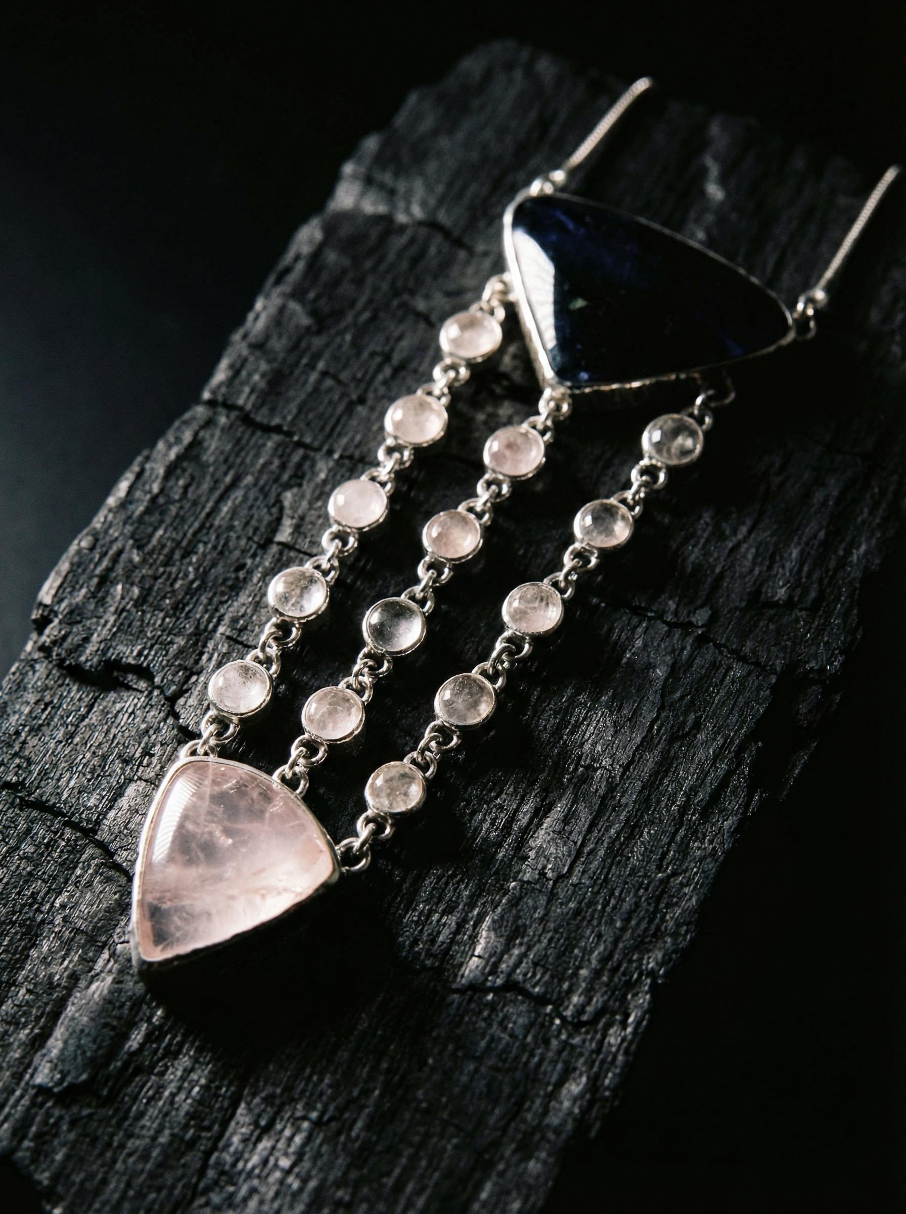 Tanzanite Rose Quartz Sterling Silver Pendant: Cascading Gemstone Necklace
