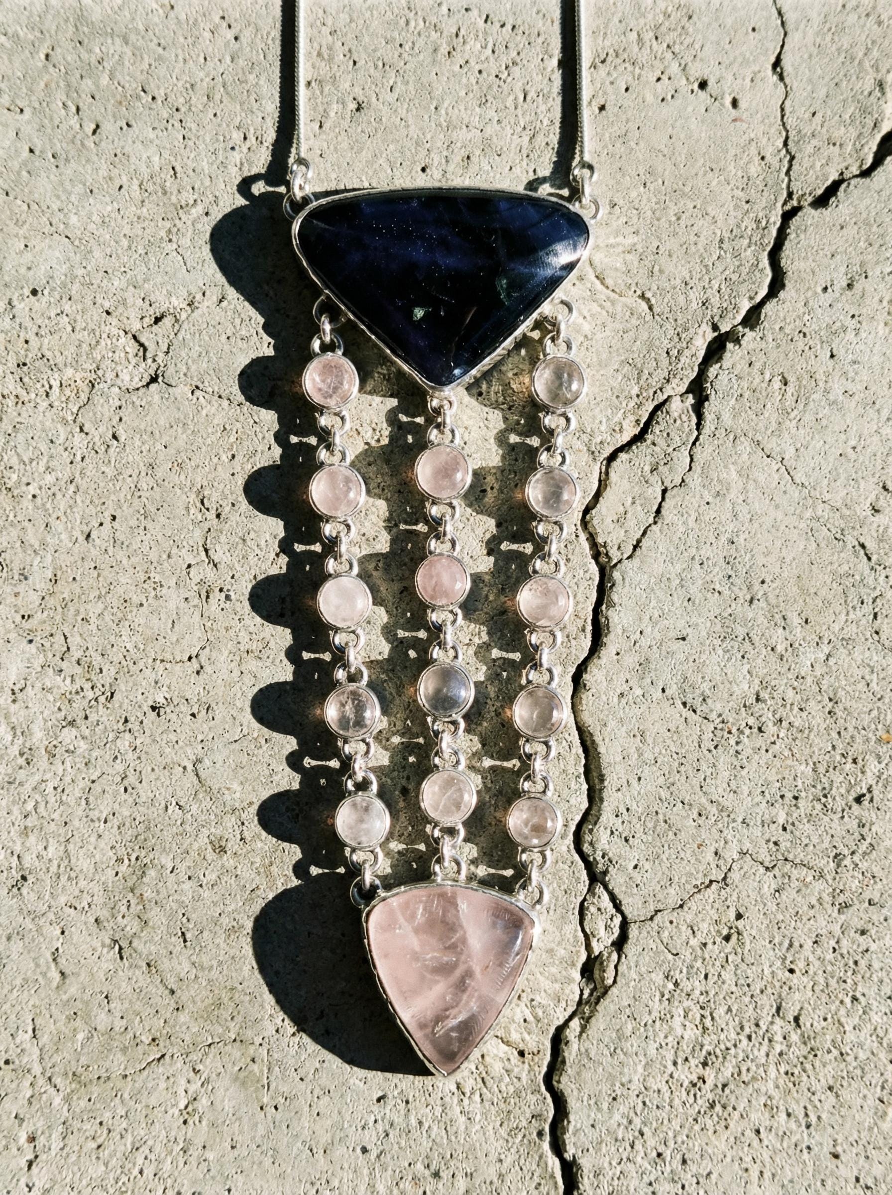Tanzanite Rose Quartz Sterling Silver Pendant: Cascading Gemstone Necklace