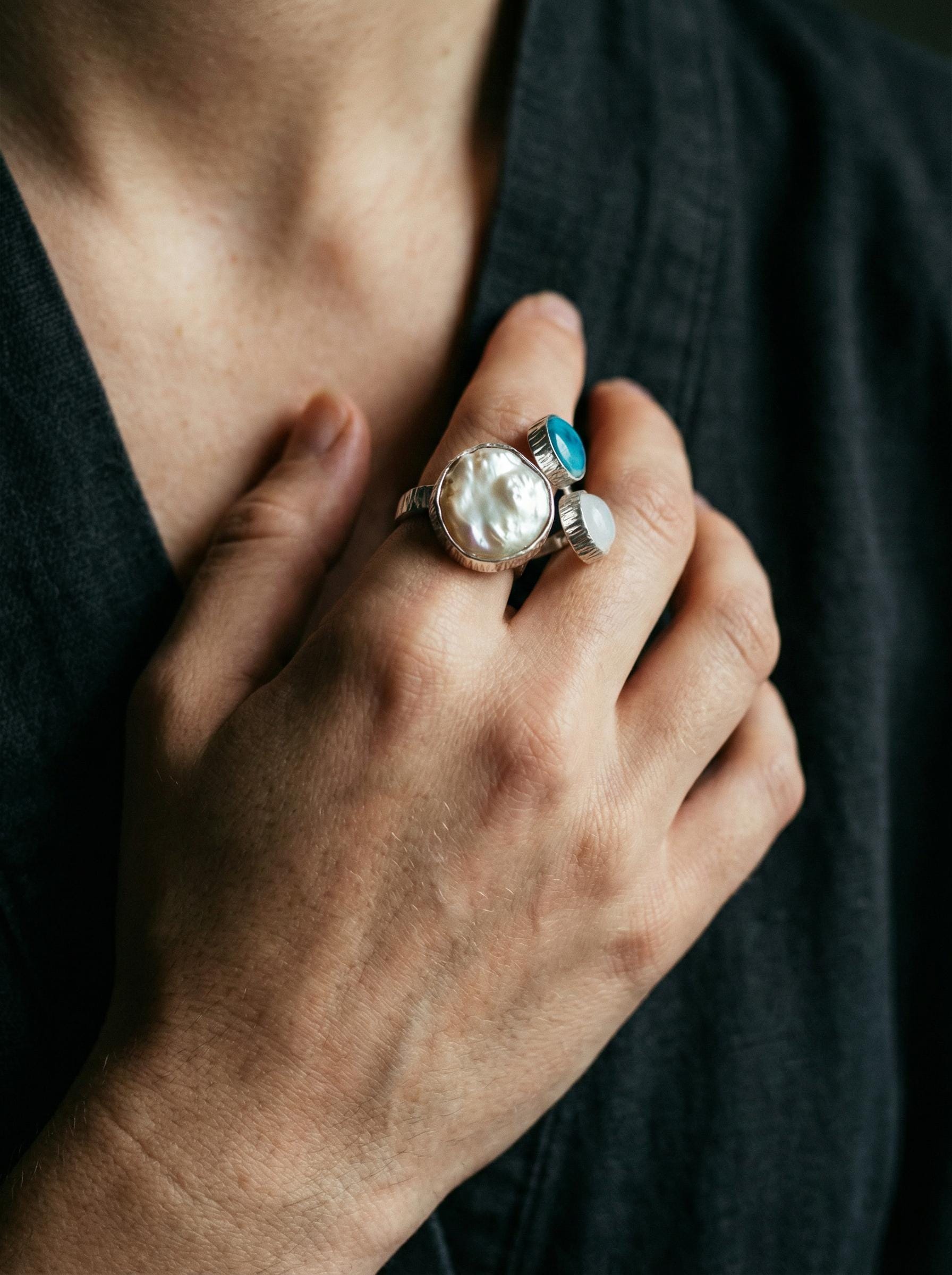 Pearl Larimar Blue Moonstone Multi Stone Ring 925 Sterling Silver Adjustable Open Band Jewelry