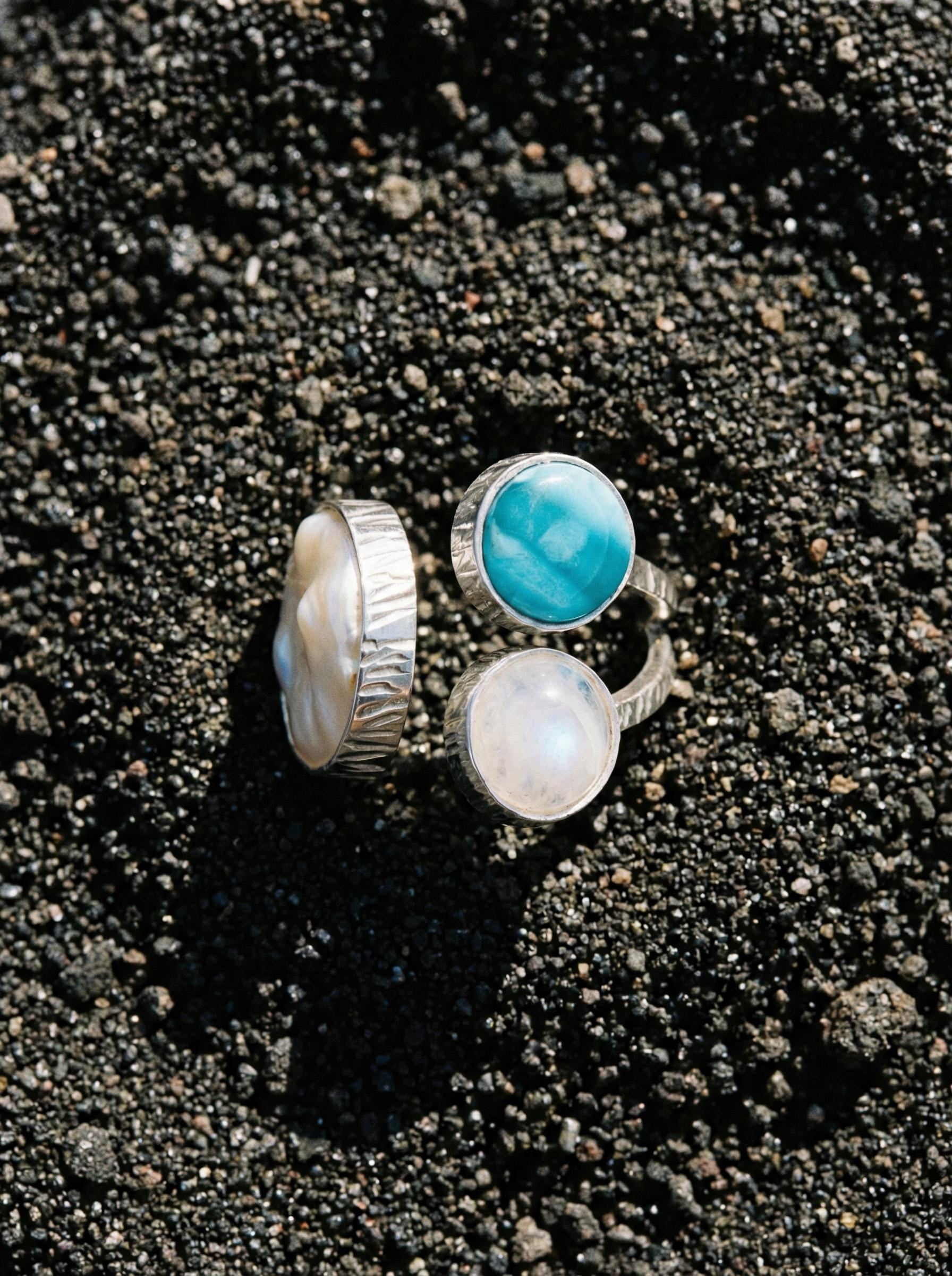 Pearl Larimar Blue Moonstone Multi Stone Ring 925 Sterling Silver Adjustable Open Band Jewelry