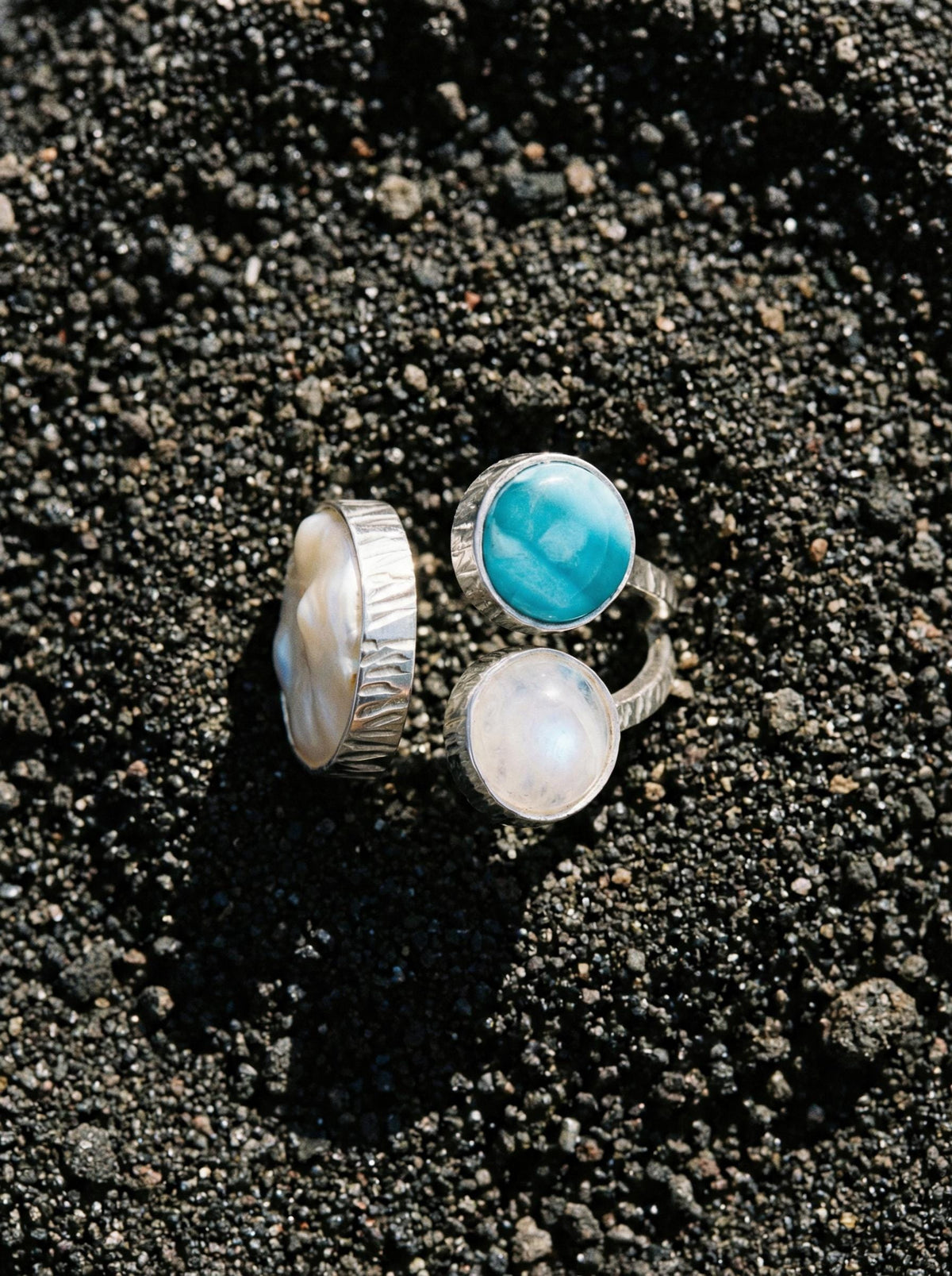 Pearl Larimar Blue Moonstone Multi Stone Ring 925 Sterling Silver Adjustable Open Band Jewelry