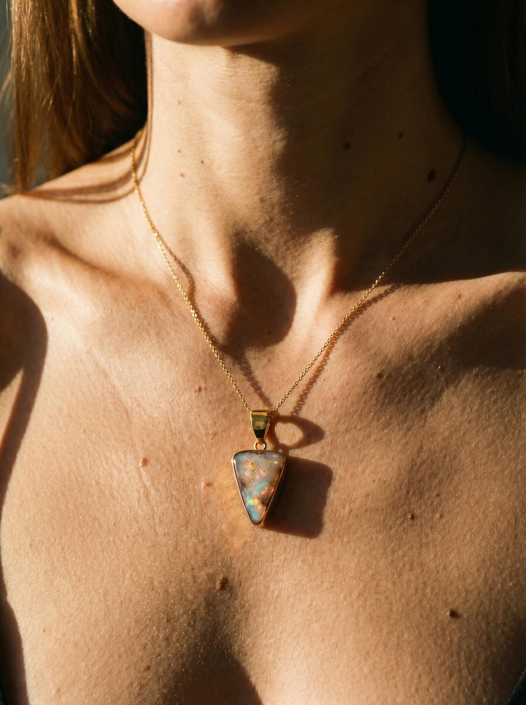 Australian White Opal Pendant: 18K Gold-Plated Sterling Silver, Heart Chakra
