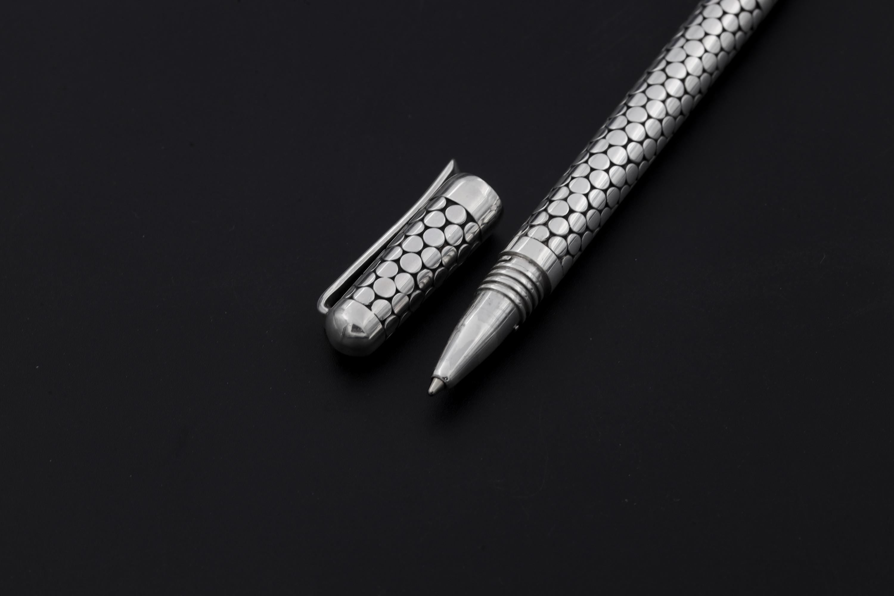 Sterling Silver Pen: Handmade Round Motif, High Shine Oxidized Detail, 13cm Luxury Writing Tool