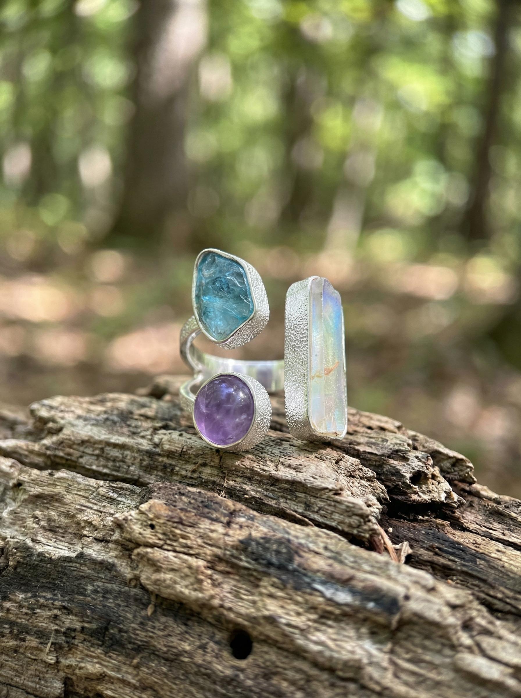 Sterling Silver Multi Stone Ring: Angel Aura, Blue Apatite, Amethyst – Adjustable Band