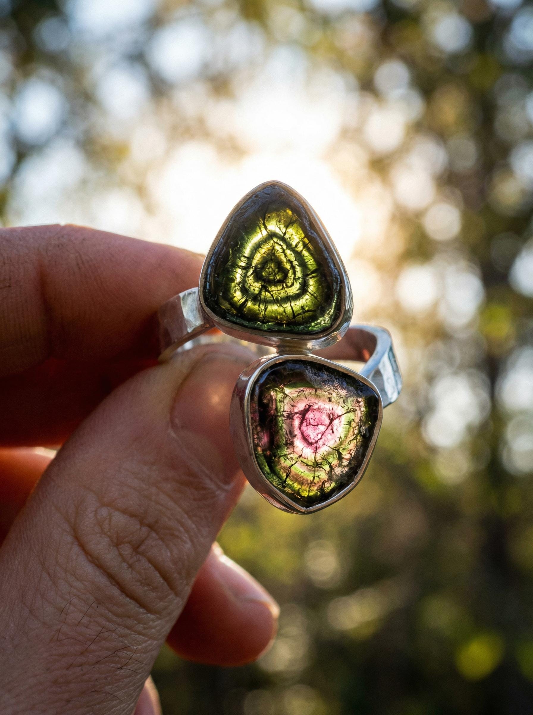 Dual Tourmaline Ring, 925 Sterling Silver Adjustable Open Band