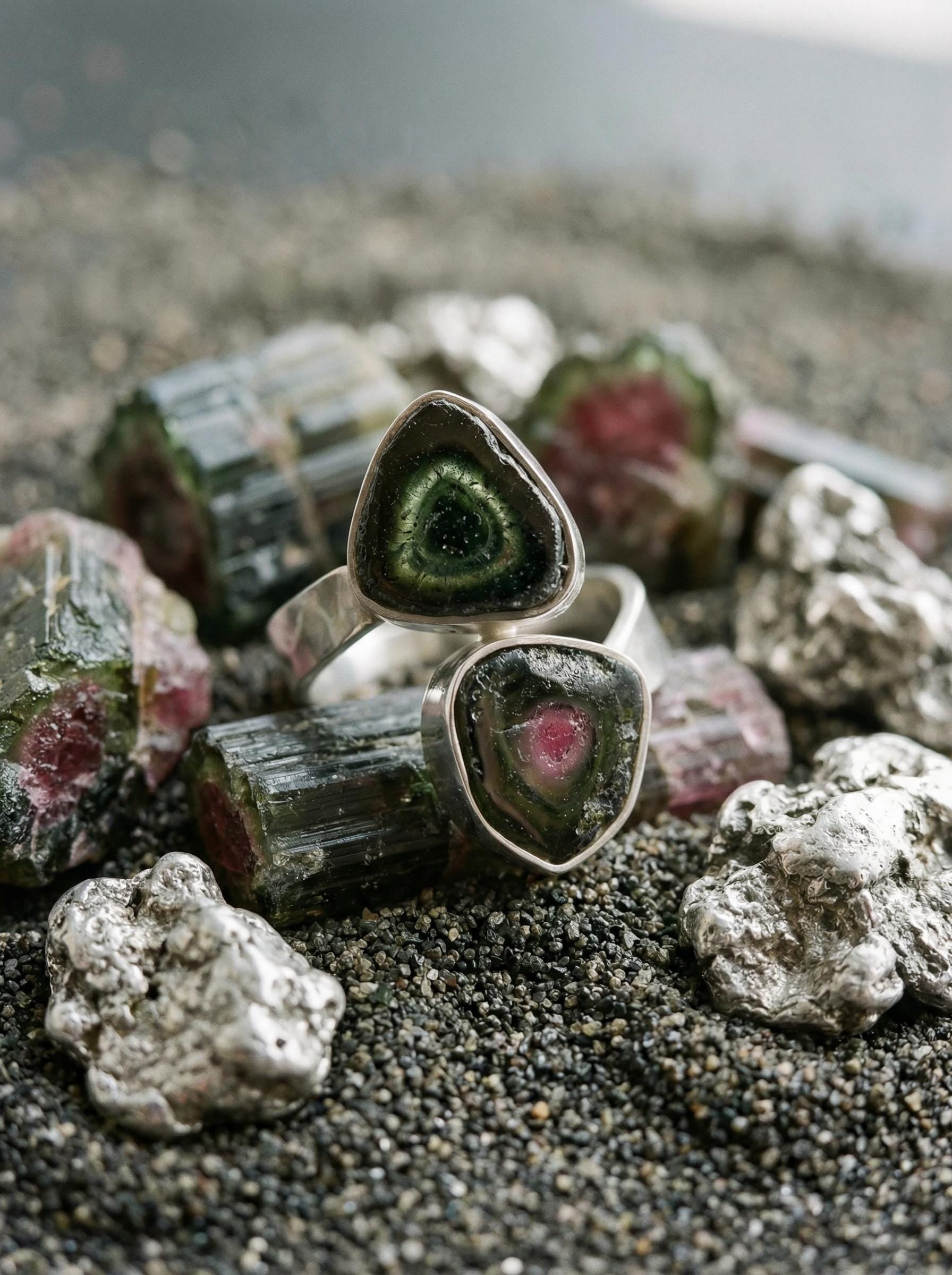 Dual Tourmaline Ring, 925 Sterling Silver Adjustable Open Band