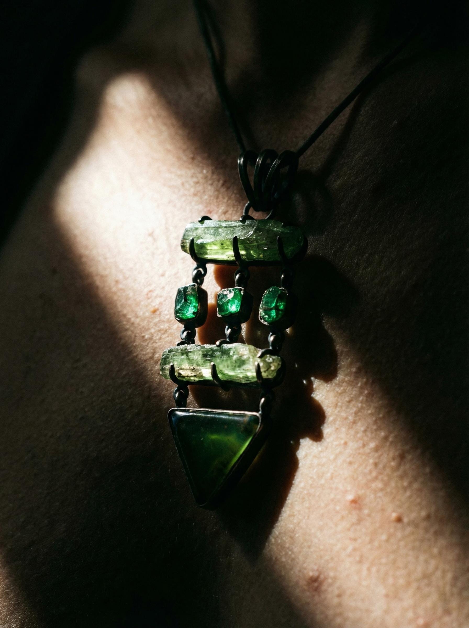 Green Kyanite Emerald Chrysoprase Pendant, 925 Silver, Oxidized Heart Chakra Talisman, Australian Crystal Gift