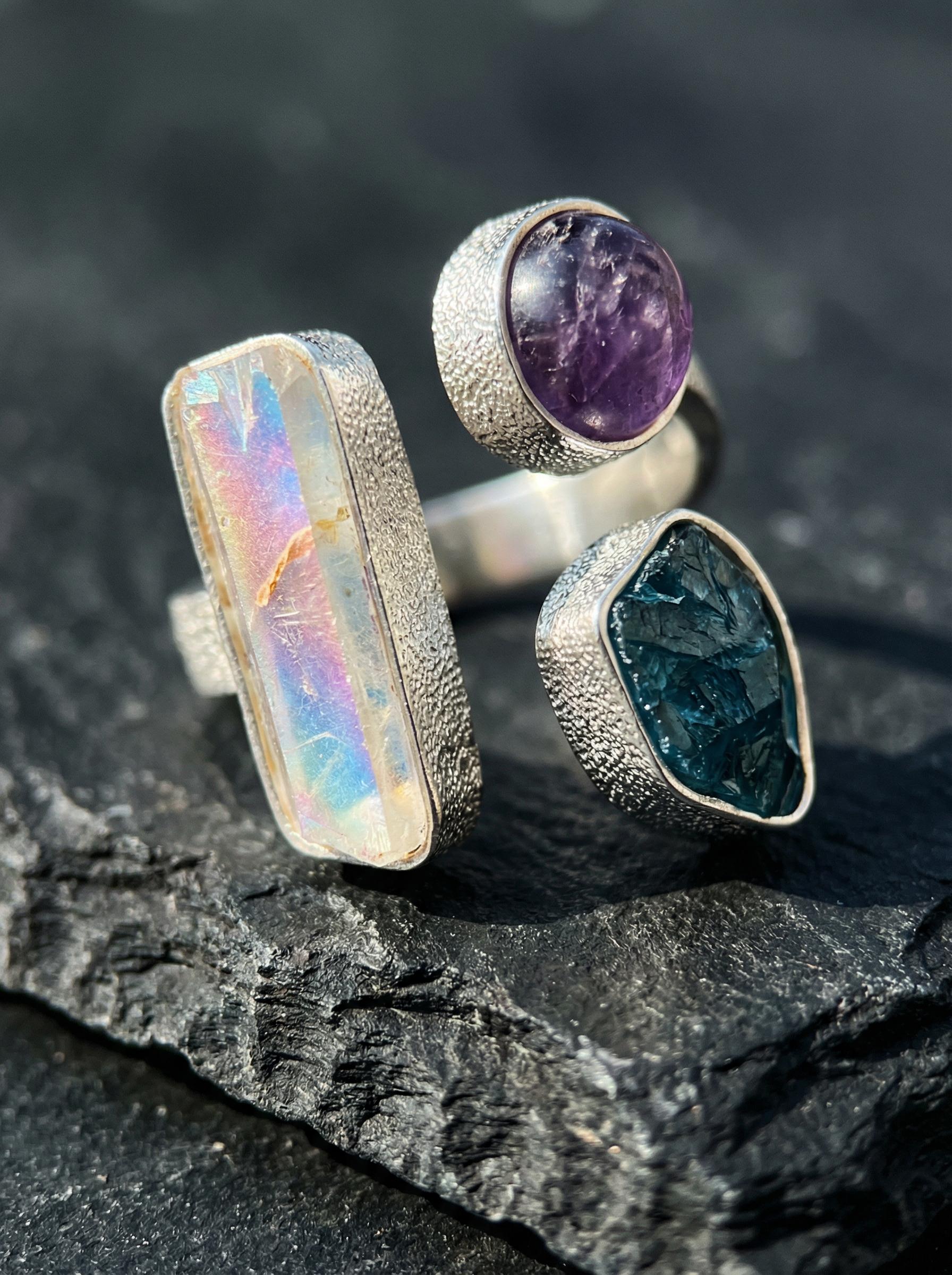 Sterling Silver Multi Stone Ring: Angel Aura, Blue Apatite, Amethyst – Adjustable Band