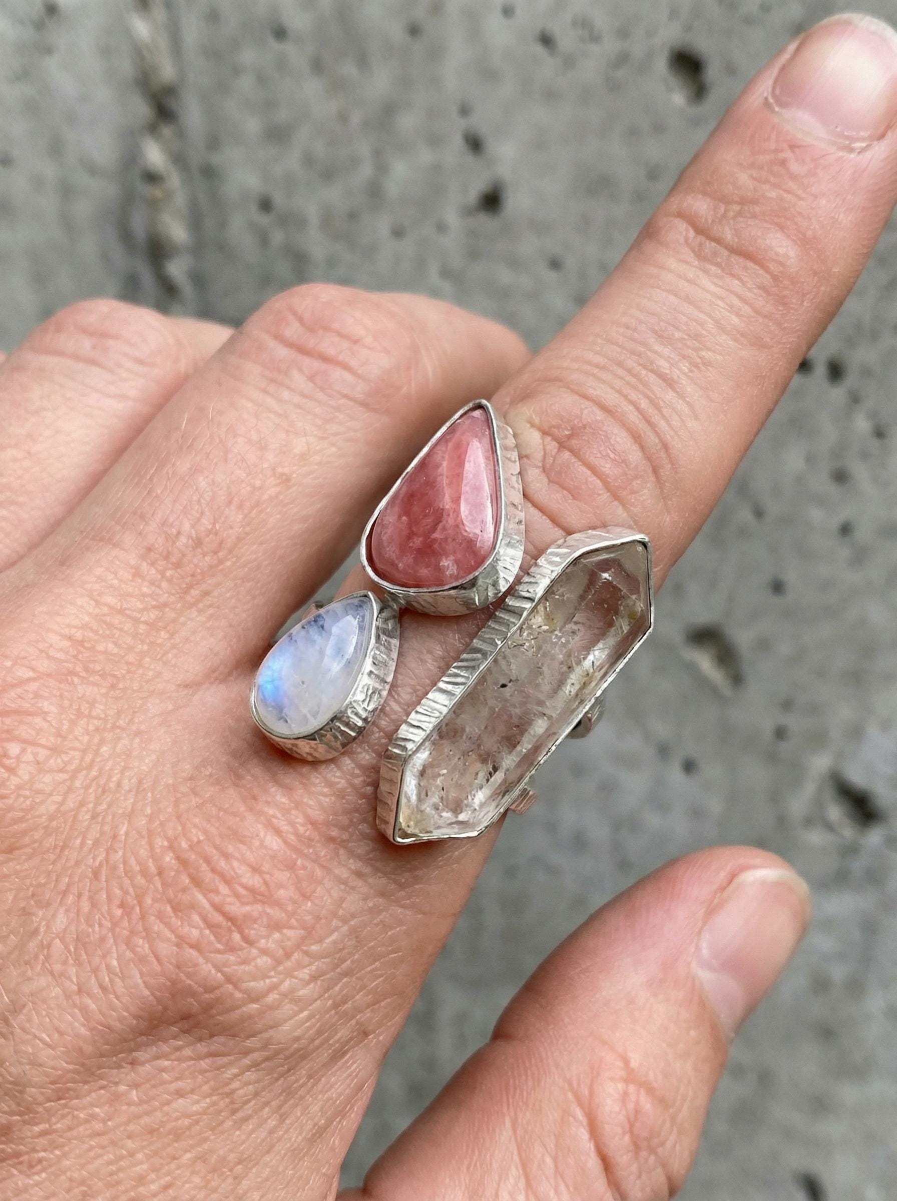 Clear Quartz Rhodochrosite Moonstone Ring 925 Sterling Silver Adjustable Heart Third Eye Crown Chakra Gift
