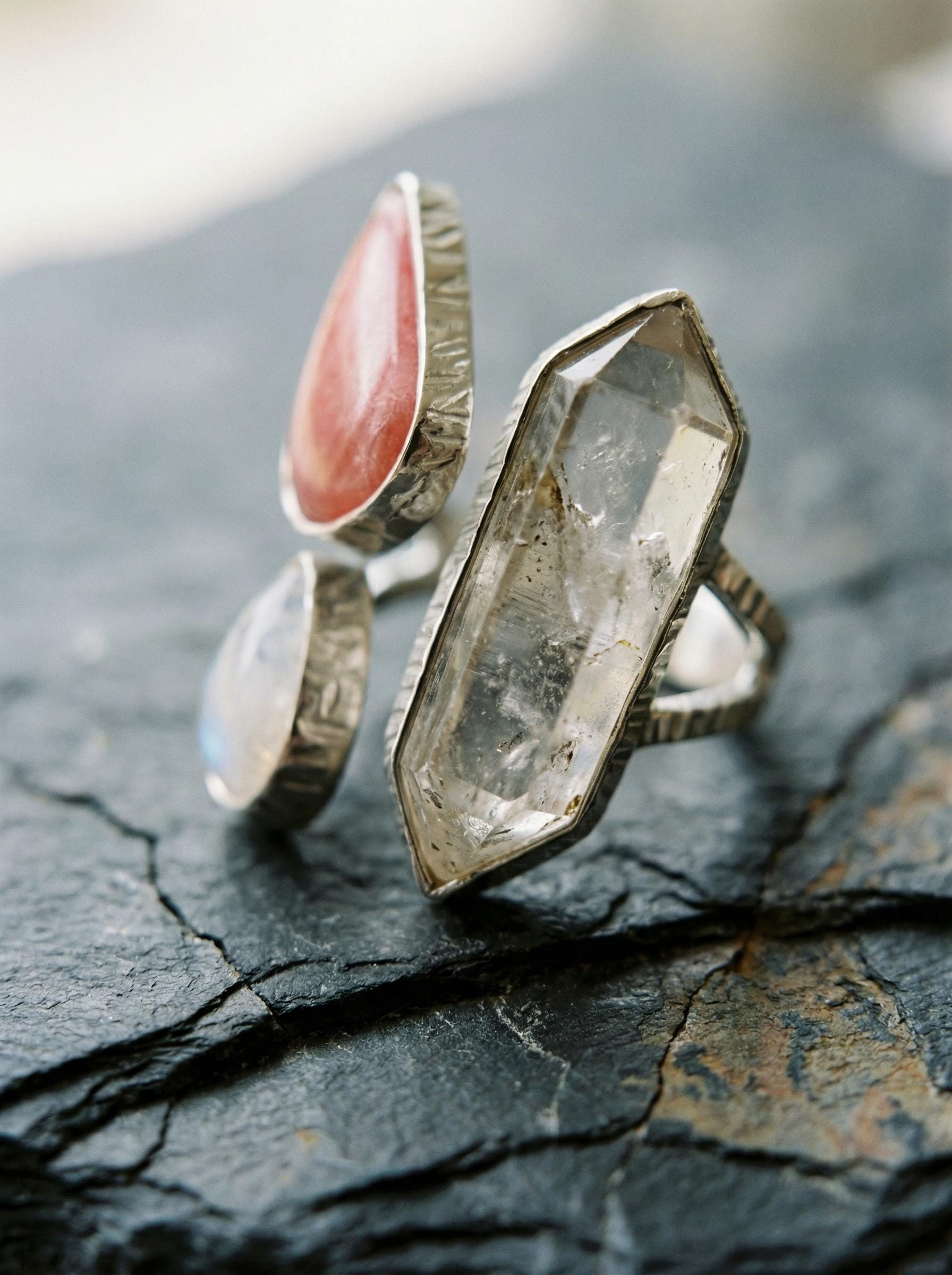 Sterling Silver Multi Stone Ring: Quartz, Rhodochrosite, Moonstone, Adjustable Band