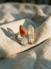 Clear Quartz Rhodochrosite Moonstone Ring 925 Sterling Silver Adjustable Heart Third Eye Crown Chakra Gift
