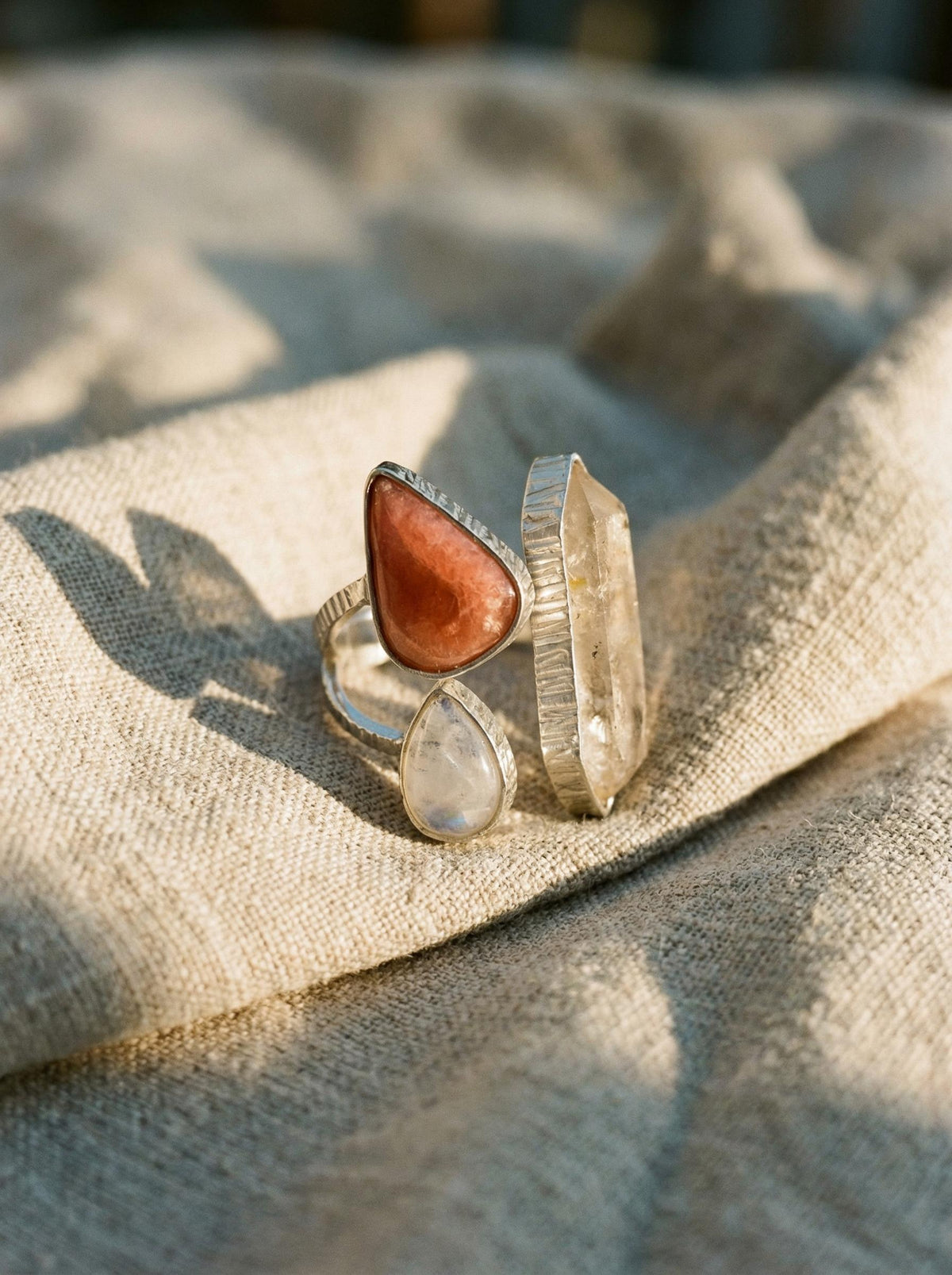 Sterling Silver Multi Stone Ring: Quartz, Rhodochrosite, Moonstone, Adjustable Band