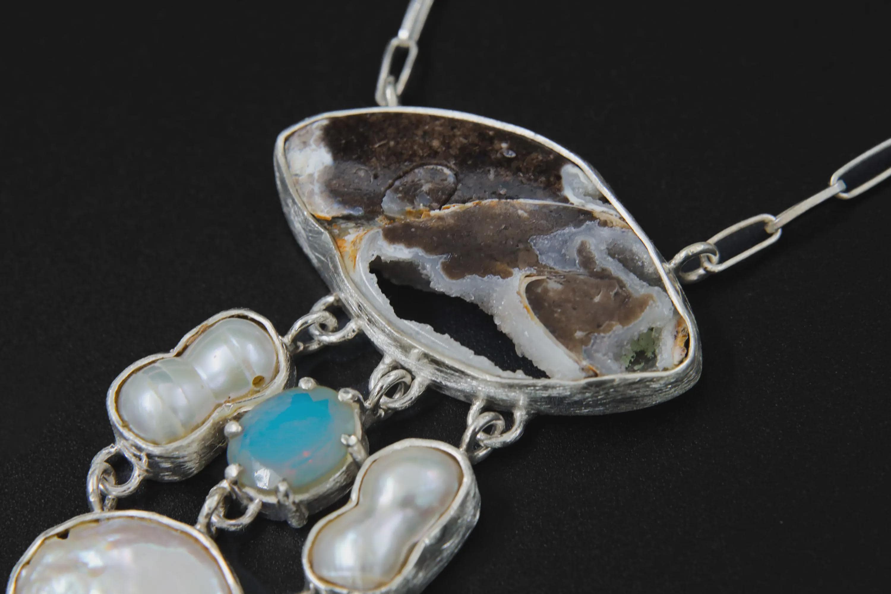Raw Australian Opal & South Sea Pearl Necklace: Sterling Silver Brushed Bezel