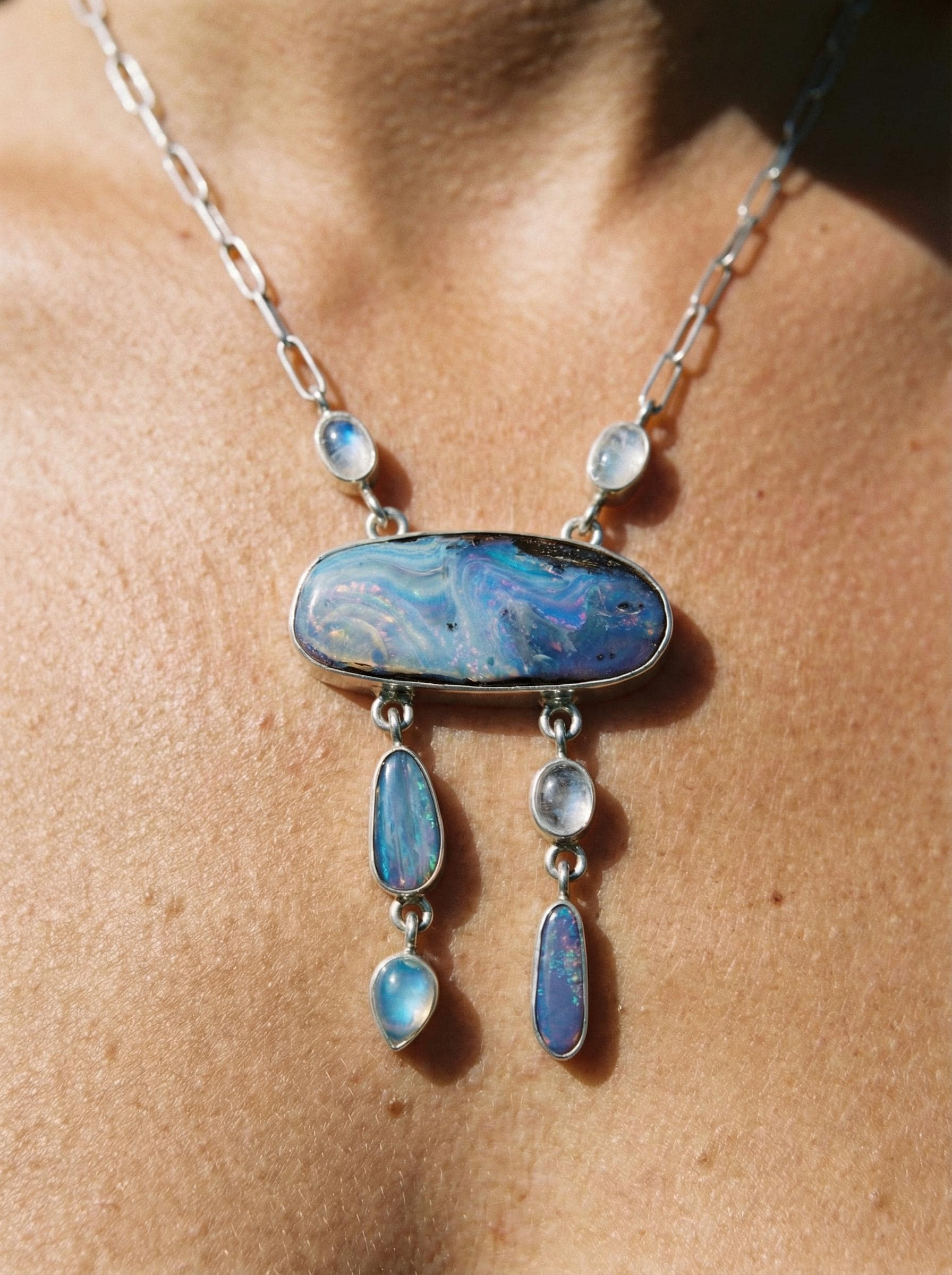 Boulder Opal Moonstone Pendant: Sterling Silver Galactic Jewelry