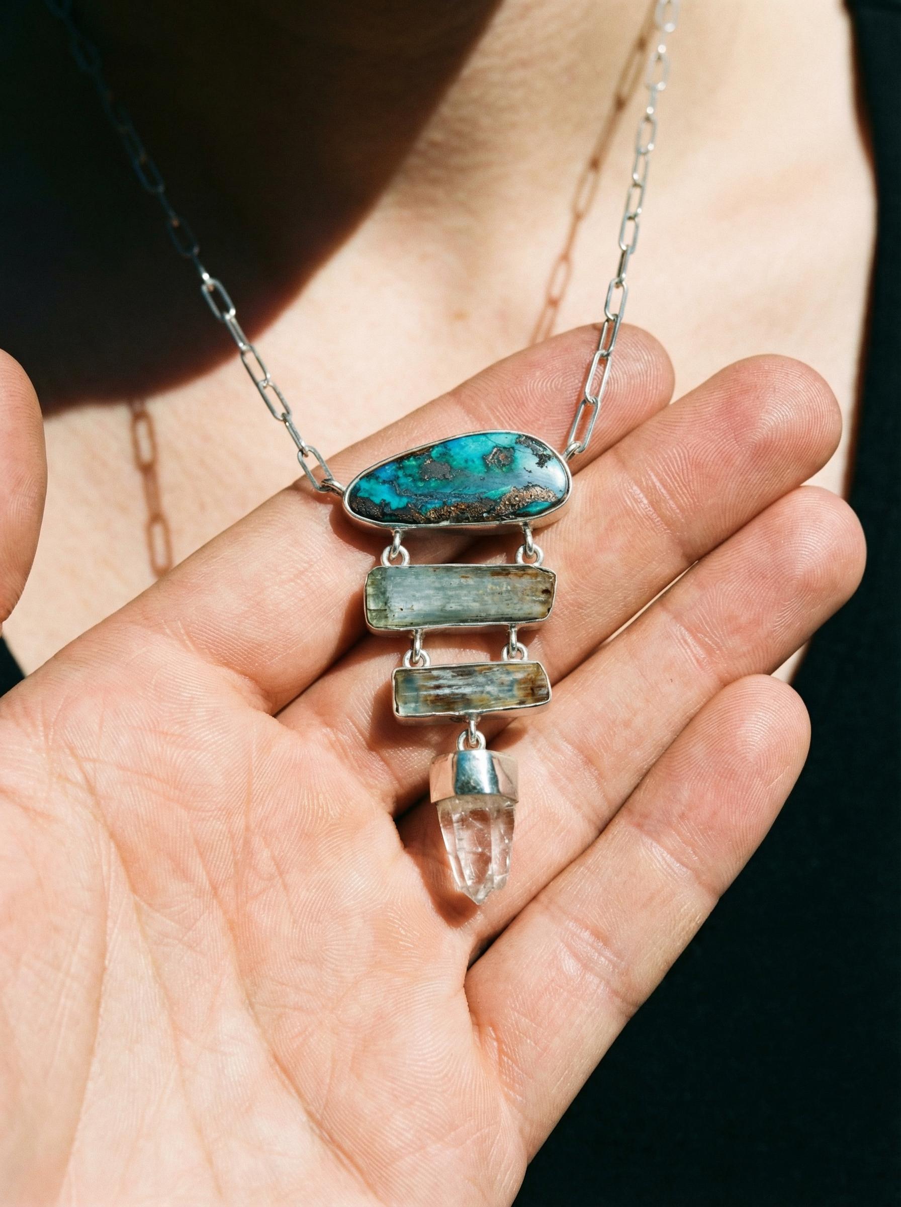 Boulder Opal Pendant: Aquamarine, Lemurian Quartz, Sterling Silver Necklace