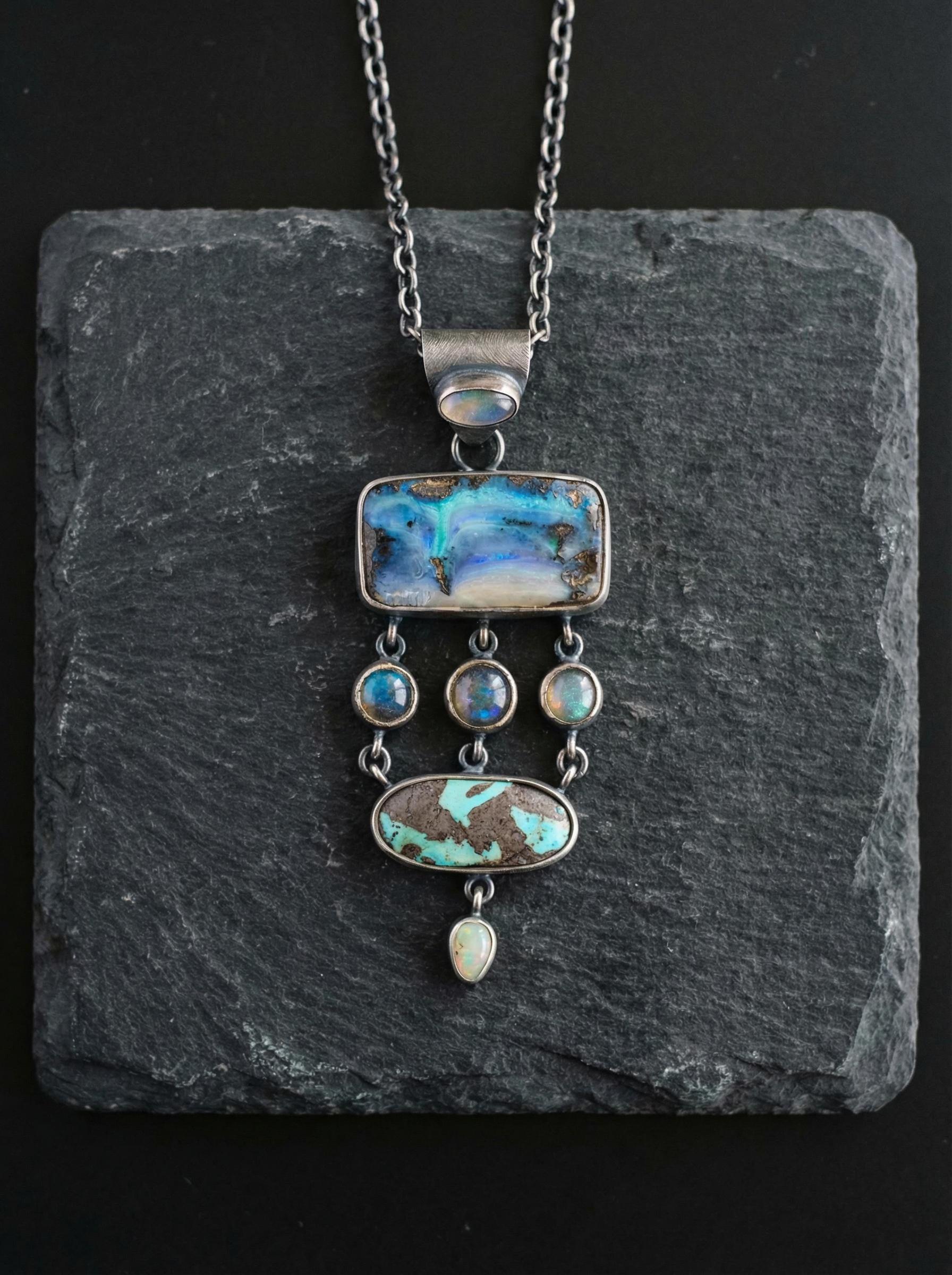 Oxidized Sterling Silver Gemstone Pendant: Australian Opal, Labradorite, Turquoise, Moonstone