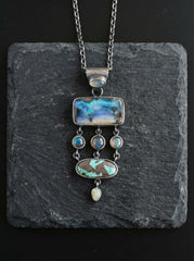 Oxidized Sterling Silver Gemstone Pendant: Australian Opal, Labradorite, Turquoise, Moonstone