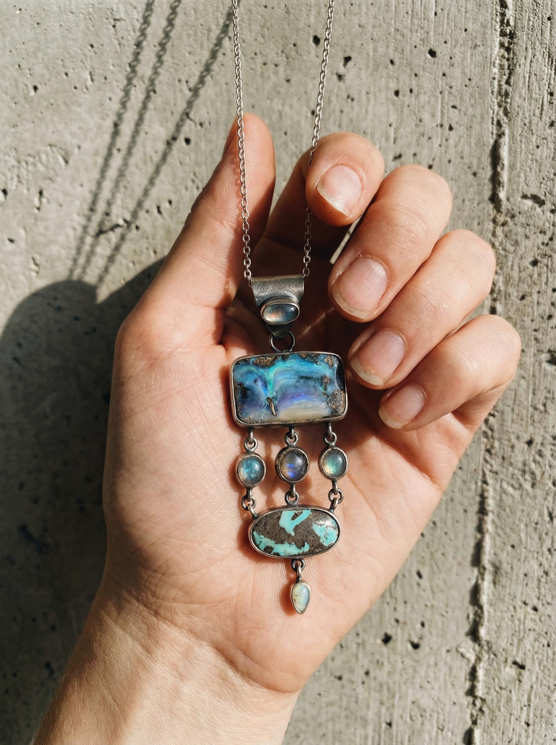 Oxidized Sterling Silver Gemstone Pendant: Australian Opal, Labradorite, Turquoise, Moonstone