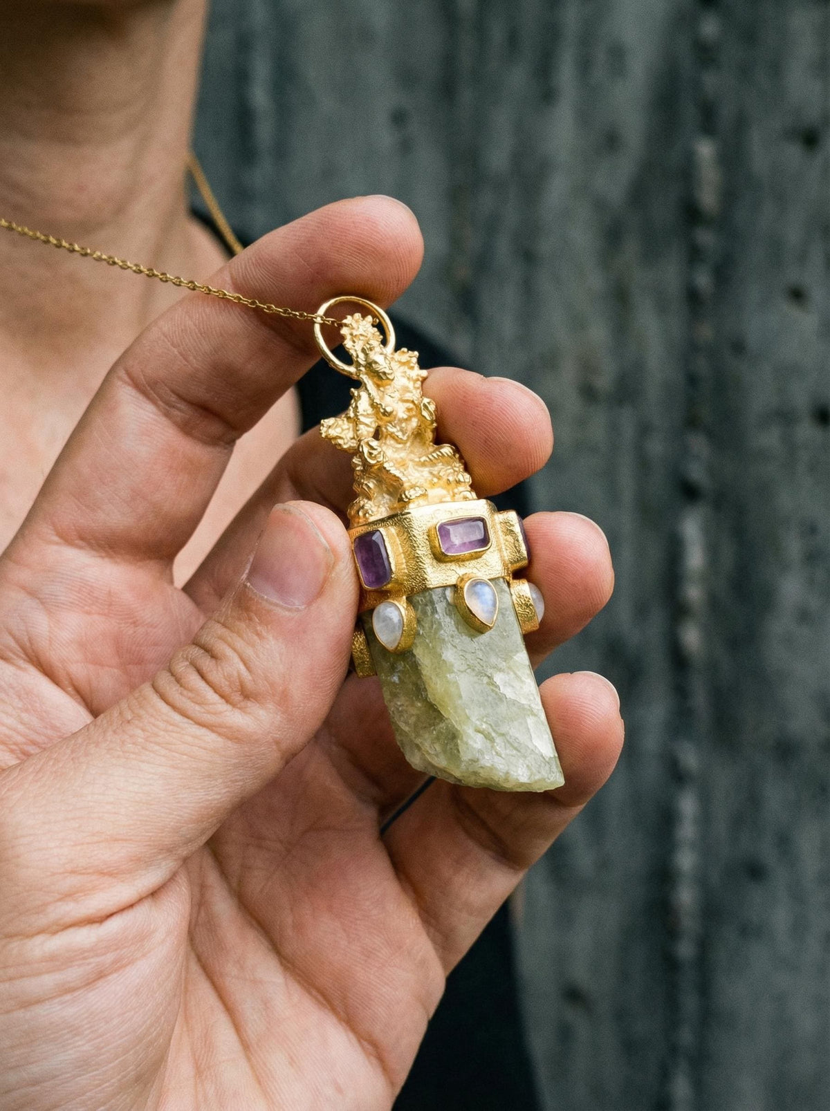 Cast Praying Sarasvati Talisman, Amethyst Quartz, Blue Moonstone, Chunky Natural Australian Aquamarine Wand, 925 Silver, Gold Plated