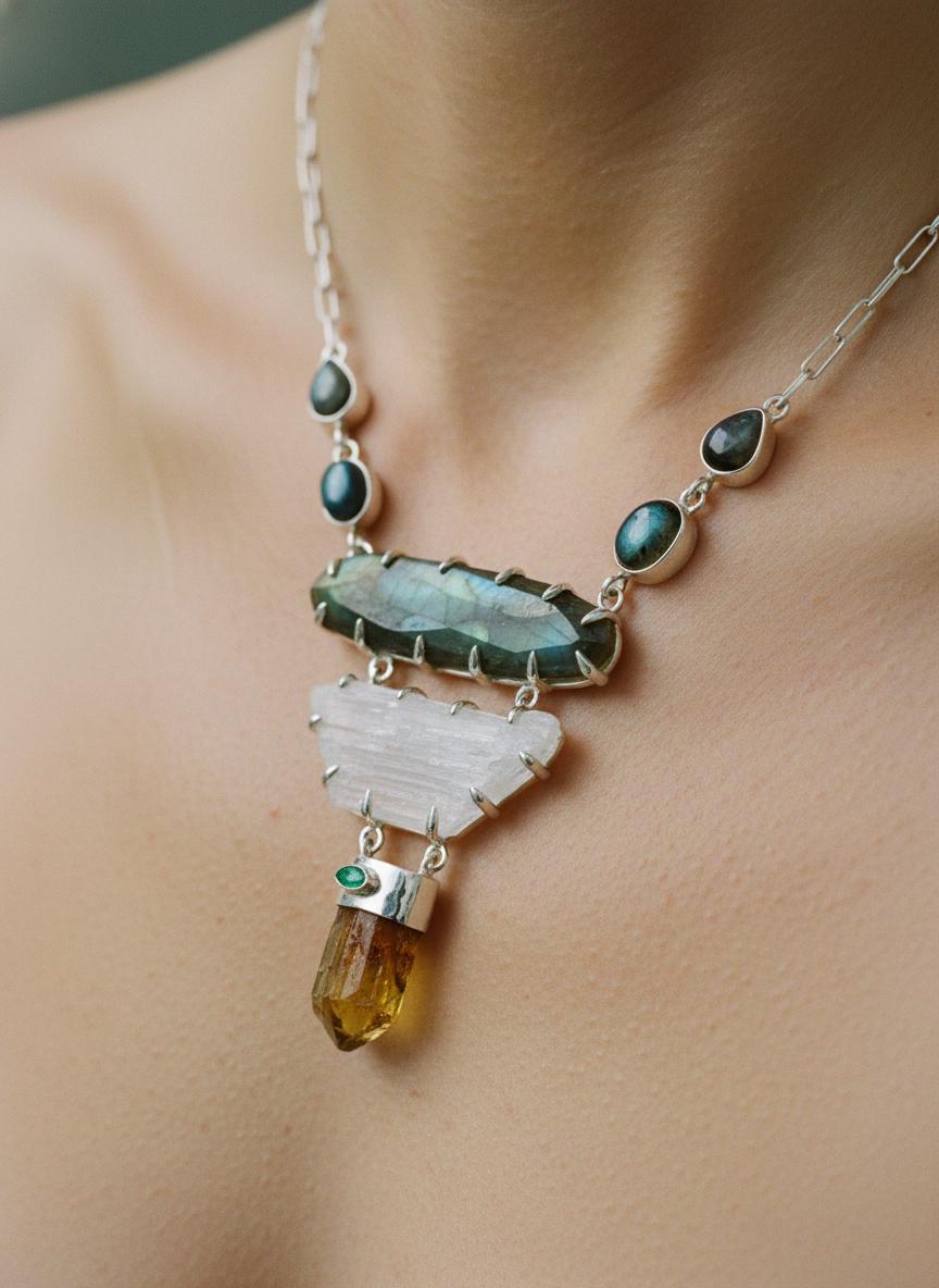 Labradorite Pendant: Sterling Silver, Apatite, Emerald & Kunzite - Chakra Healing Boho Necklace