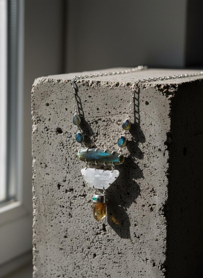 Labradorite Pendant: Sterling Silver, Apatite, Emerald & Kunzite - Chakra Healing Boho Necklace