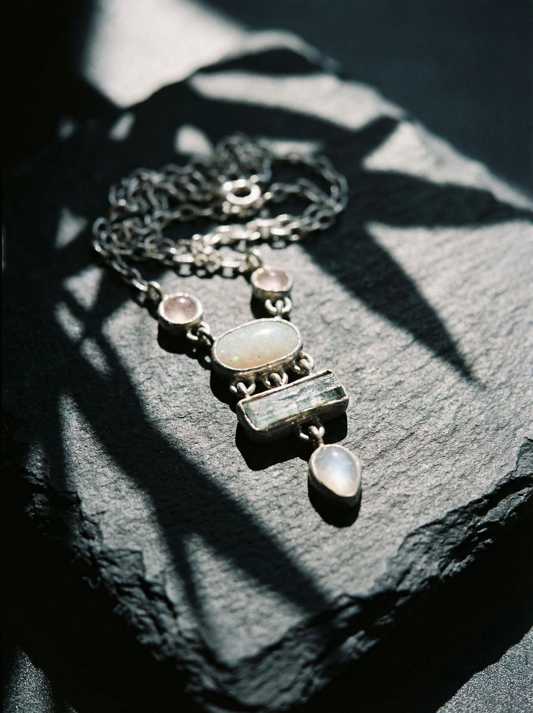 Opal, Rose Quartz & Moonstone Necklace: Sterling Silver Gemstone Pendant