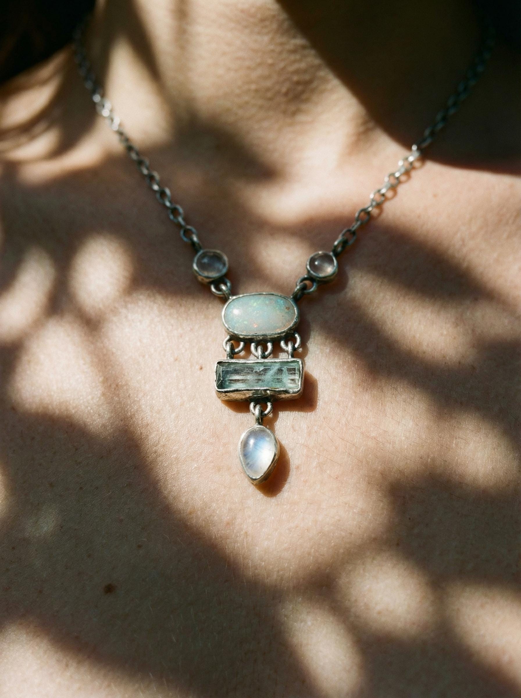 Opal, Rose Quartz & Moonstone Necklace: Sterling Silver Gemstone Pendant