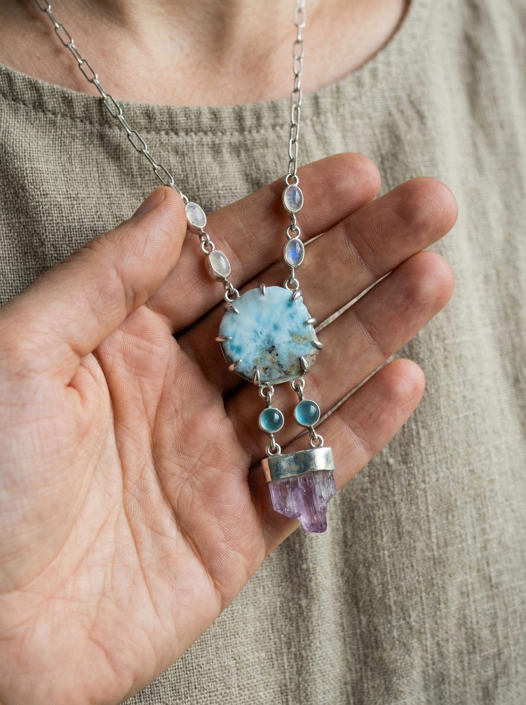 Larimar Kunzite Pendant: Sterling Silver Atlantis Stone Necklace