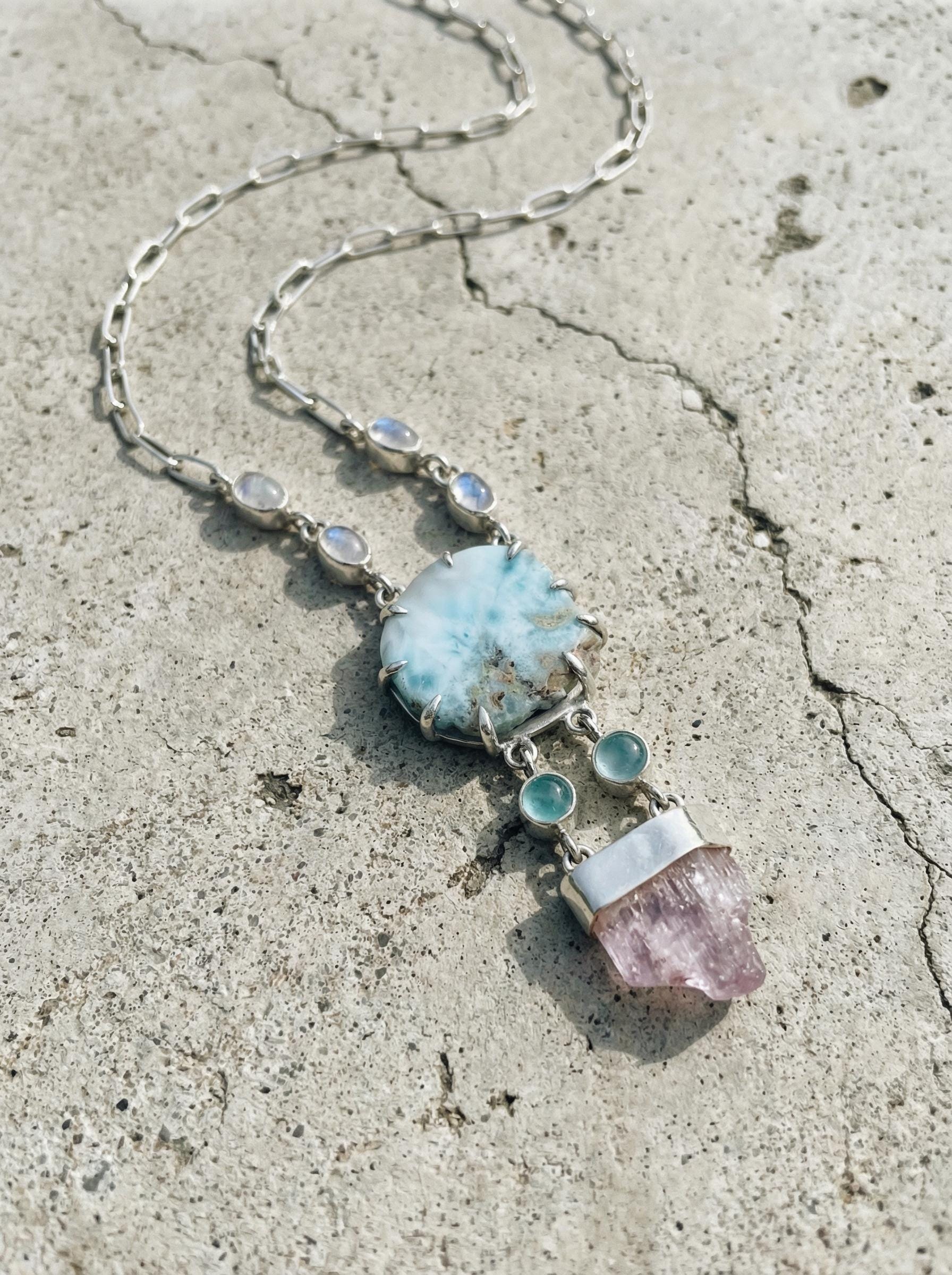 Larimar Kunzite Pendant: Sterling Silver Atlantis Stone Necklace