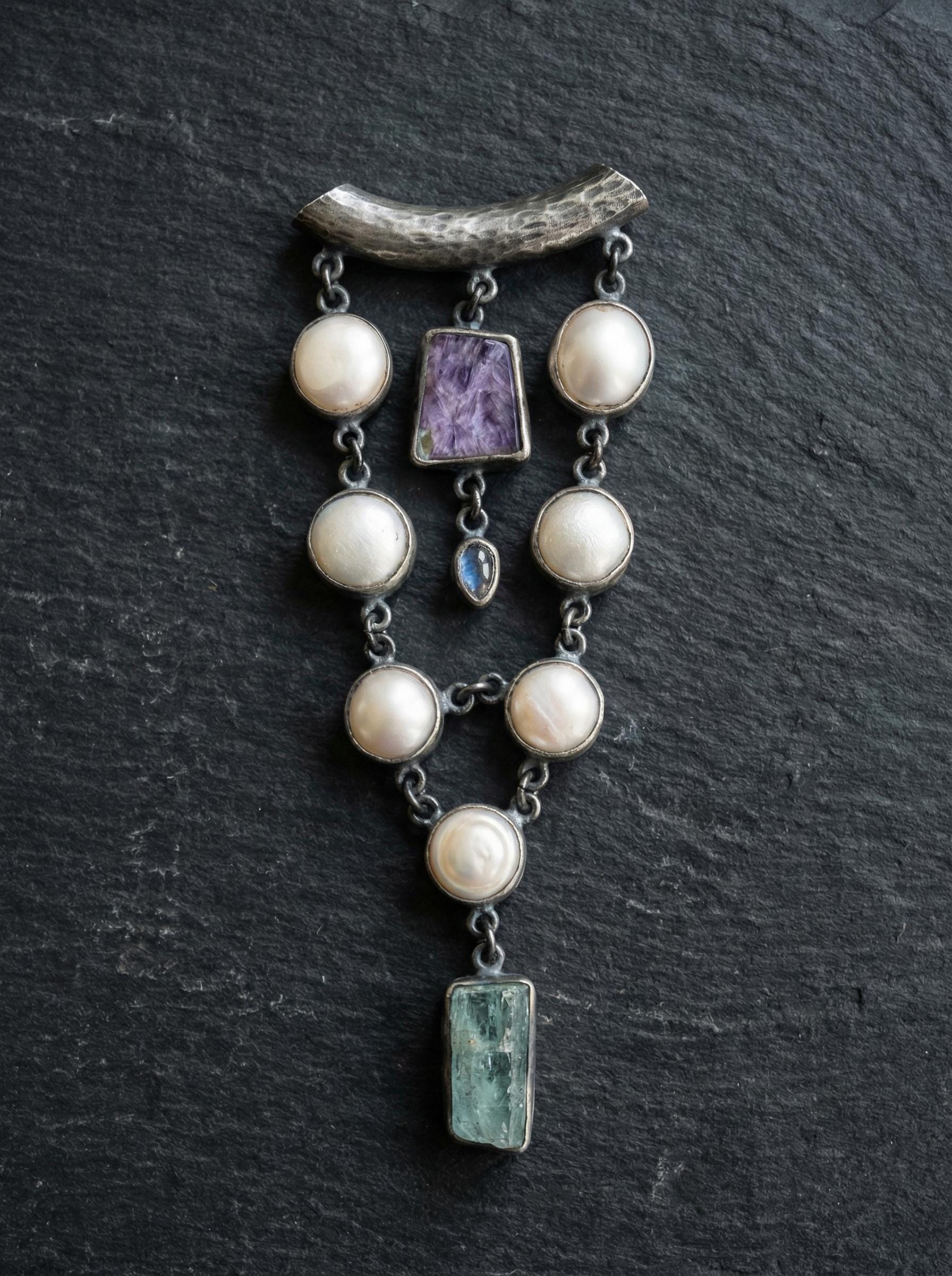 Pearl Charoite Moonstone Aquamarine Pendant 925 Silver Oxidized Ocean Necklace Crown Throat Chakra Gift