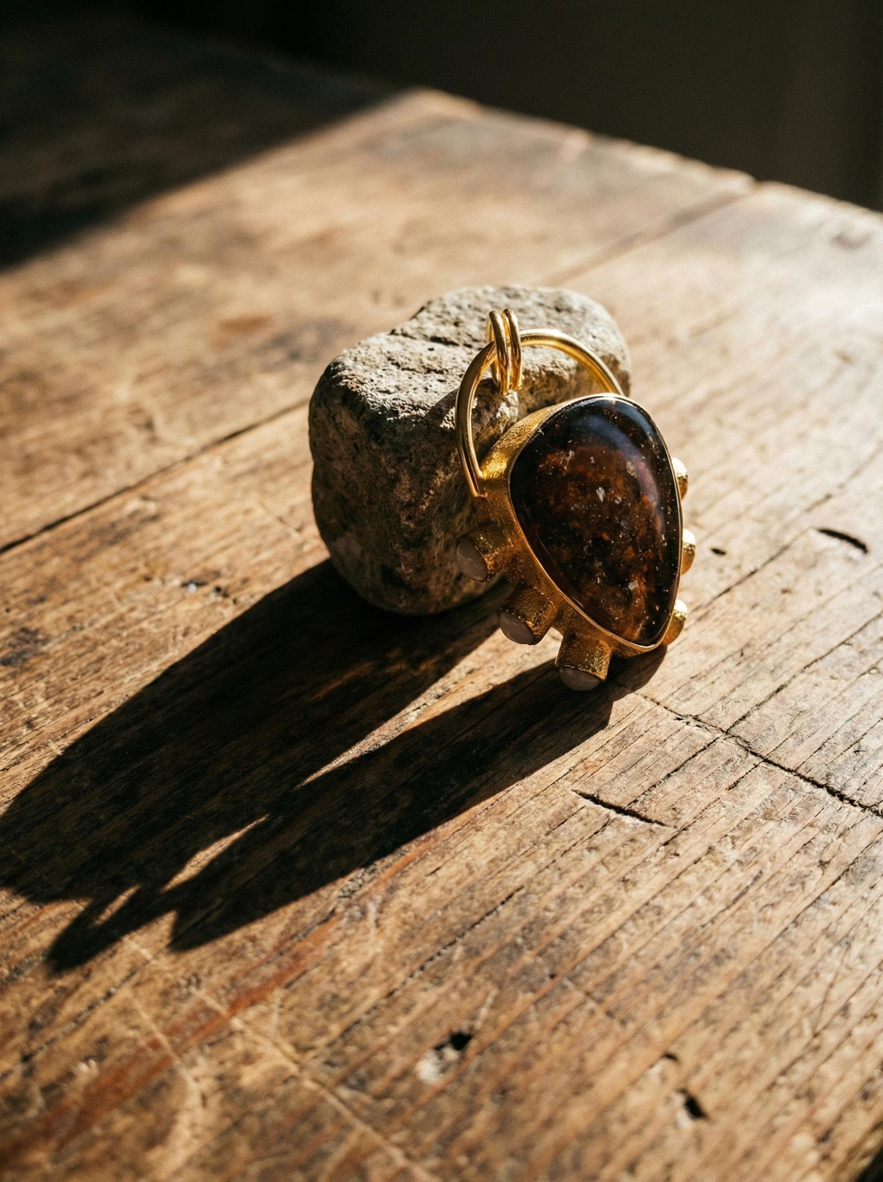Dravite Tourmaline & Moonstone Pendant, 18k Gold Plated Silver, Organic Texture