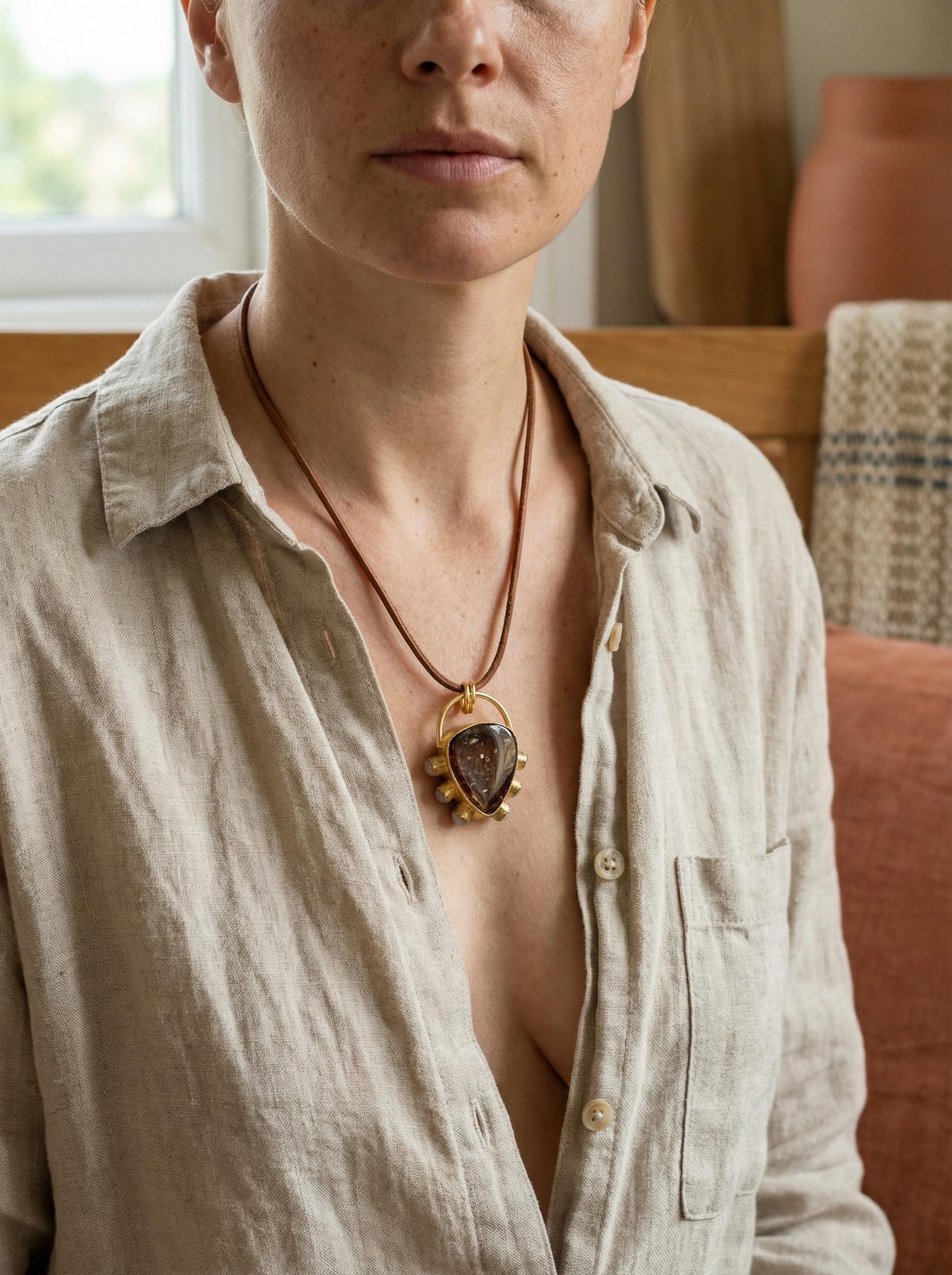 Dravite Tourmaline & Moonstone Pendant, 18k Gold Plated Silver, Organic Texture