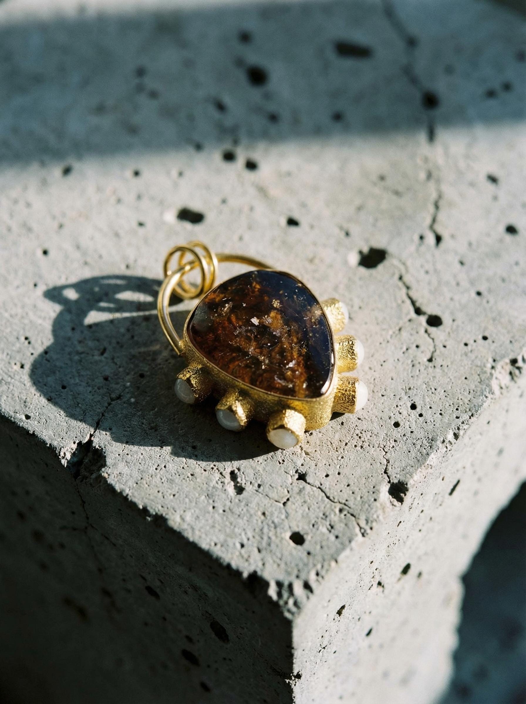 Dravite Tourmaline & Moonstone Pendant, 18k Gold Plated Silver, Organic Texture